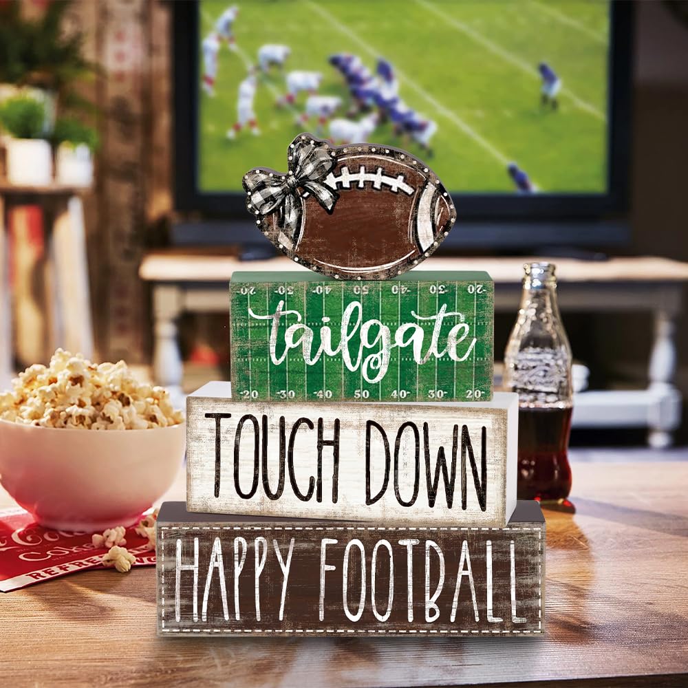 DIYDEC 4Pcs Football Table Decoration Happy Football Wooden Block Sign Fall Rugby Tiered Tray Decor Centerpiece Decorative Faux