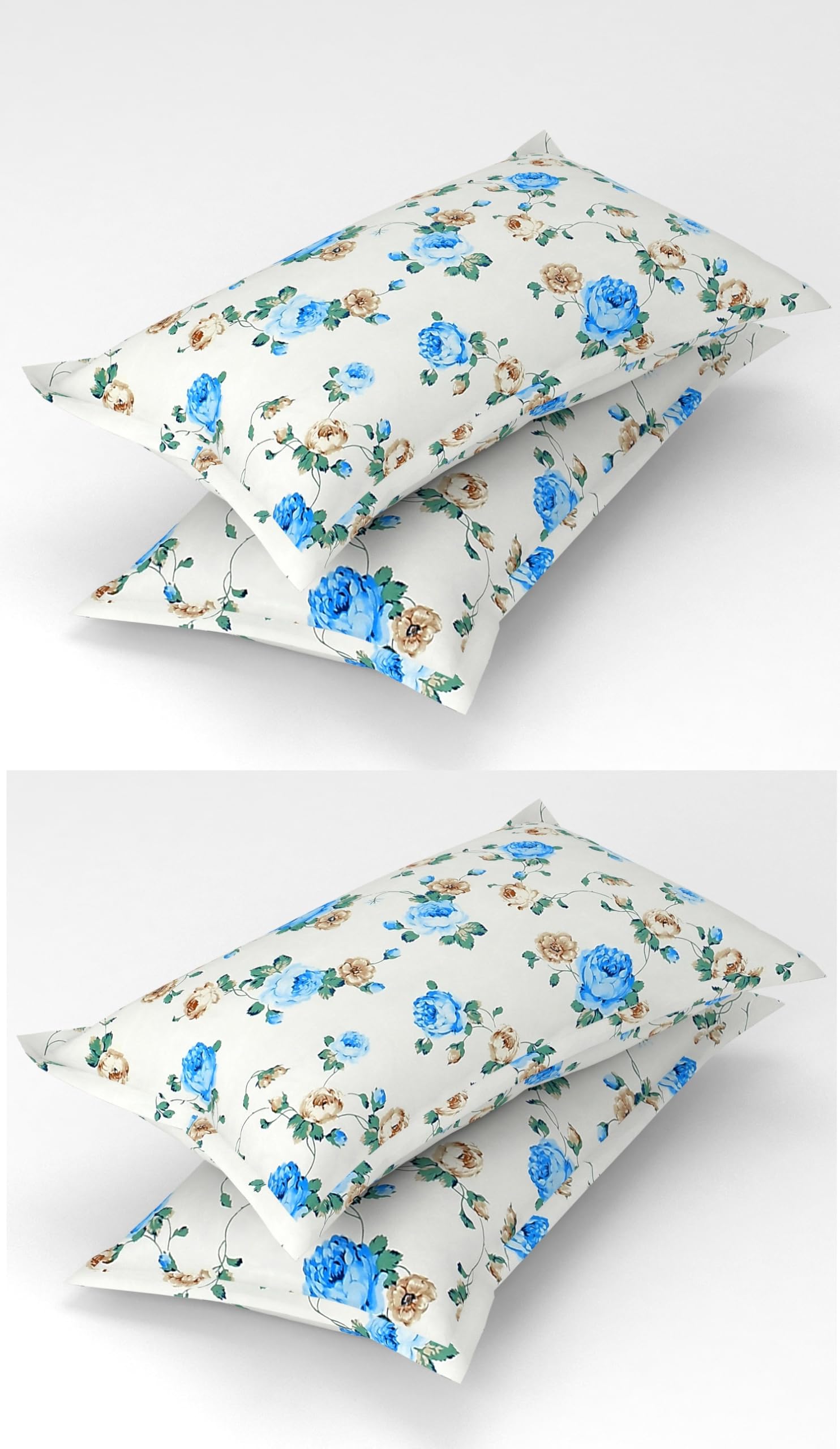Homefab India 4 Piece Printed Glace Cotton Pillow Covers - Blue, White, Floral