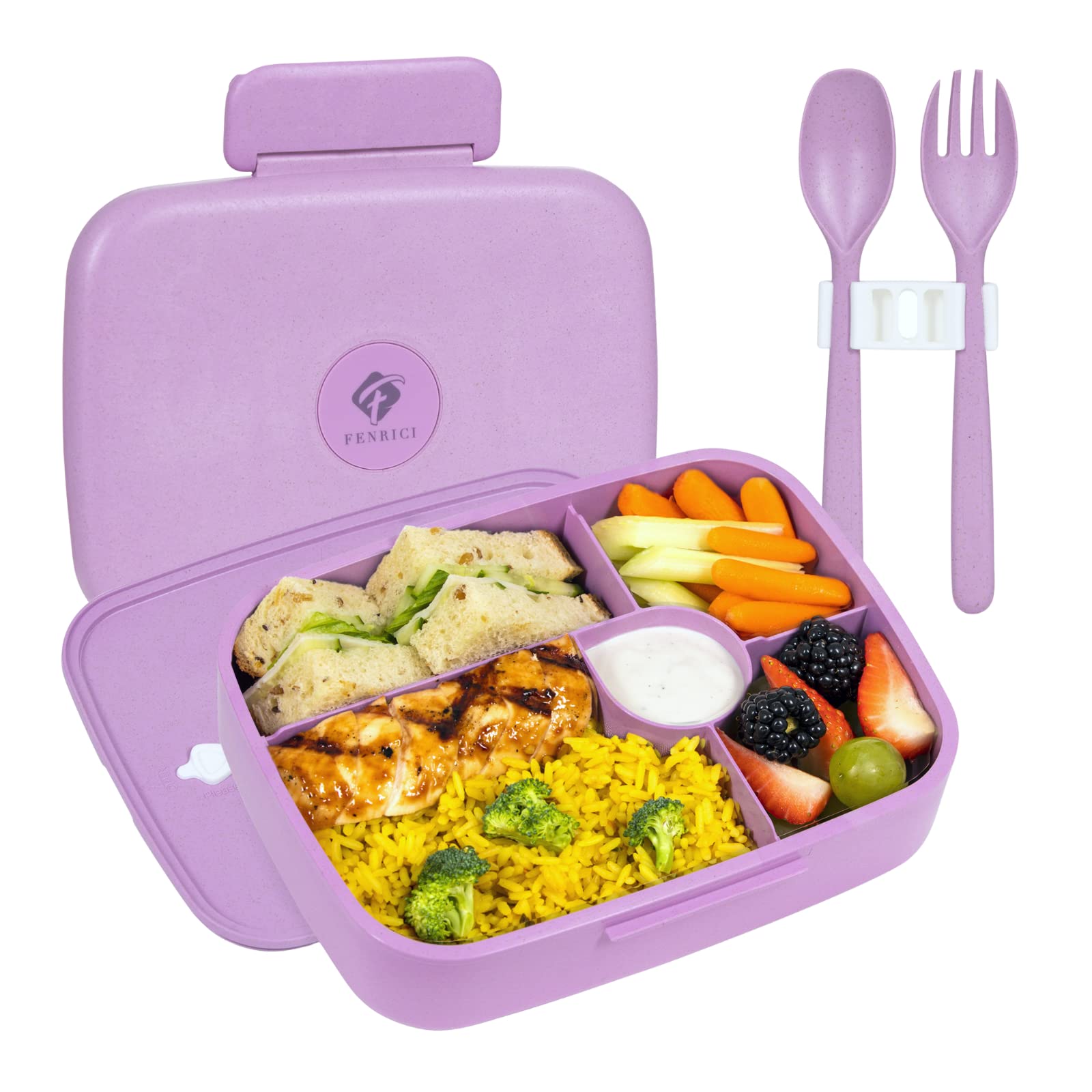 Fenrici Bento Box For Girls & Teens, Made With Plastic-Free Wheat Straw, Utensils Included, 5 Leakproof Compartments, Compatible