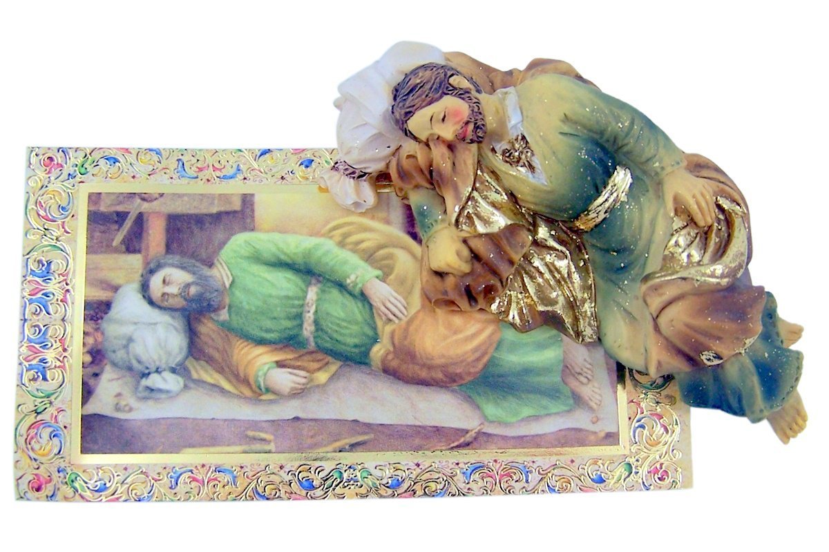 Patron Saint Statue Hand Painted Resin Catholic Sleeping Saint Joseph Statue with Prayer Card 4 Inch