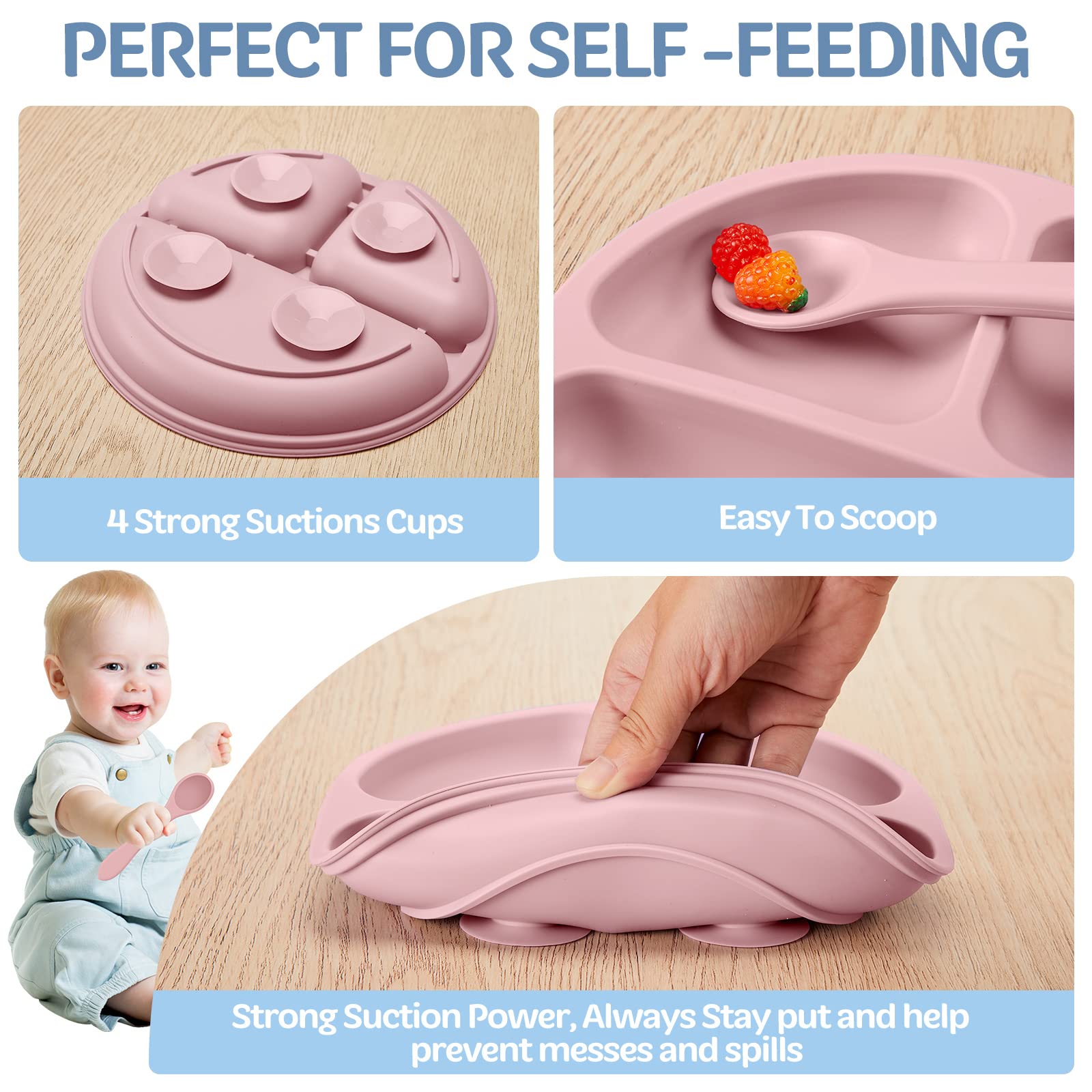 Potchen 6 Pack Suction Plates for Baby with Spoon Fork Divided Toddler Plate with Suction Silicone Baby Self Feeding Set for Boy