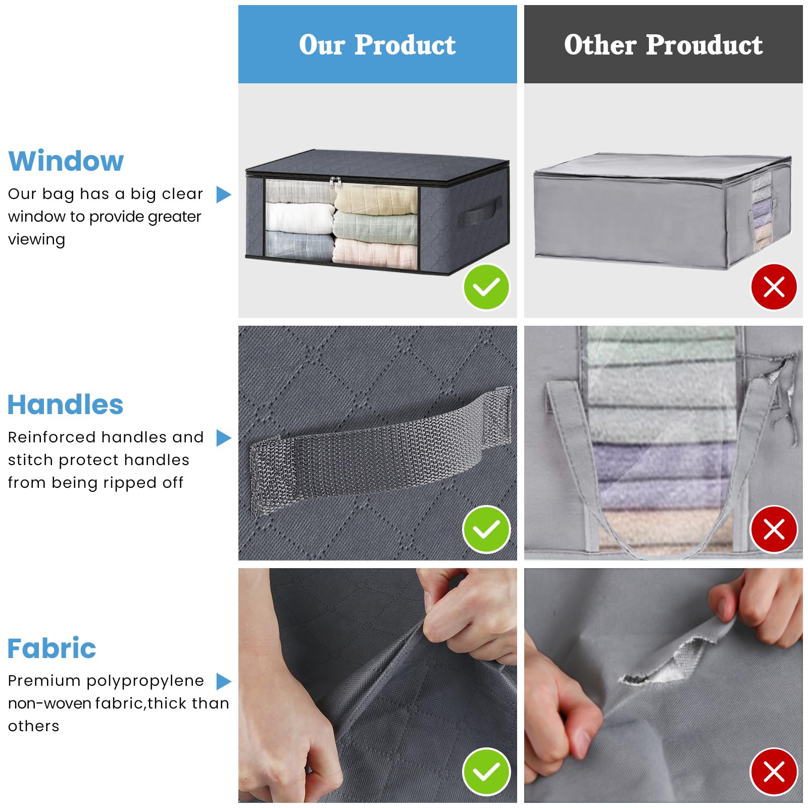HomeHacks Storage 6-Pack Clothes Organizer Storage Bags Foldable Storage Box with Large Clear Window Sturdy Handles for Closet,