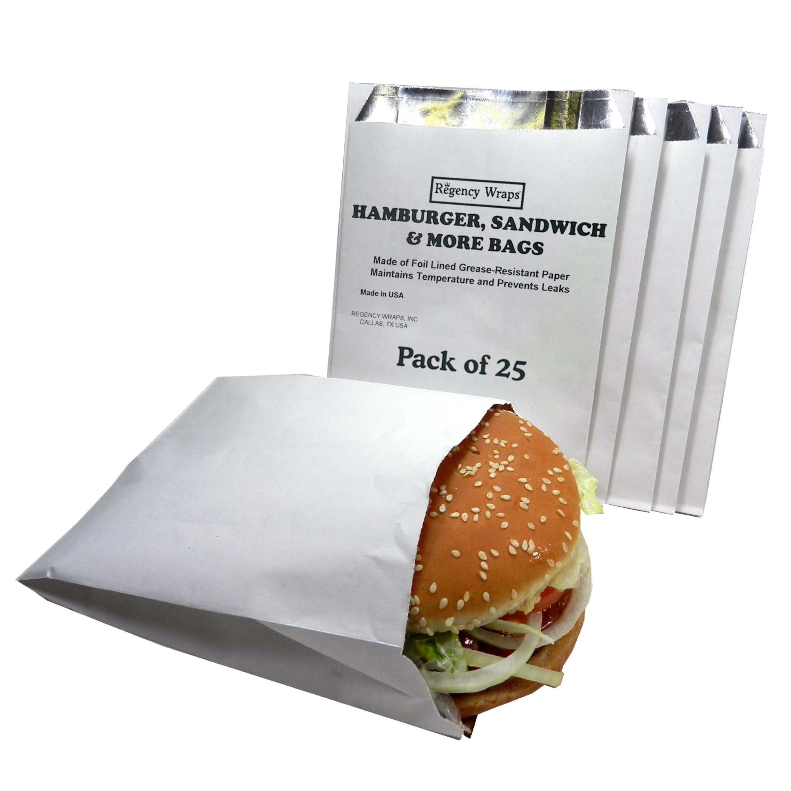 Regency Wraps Grease Resistant Serving Snack Bags, Aluminium Foil Lined Bags, Perfect for Hamburgers, Sandwiches, and More, Meas