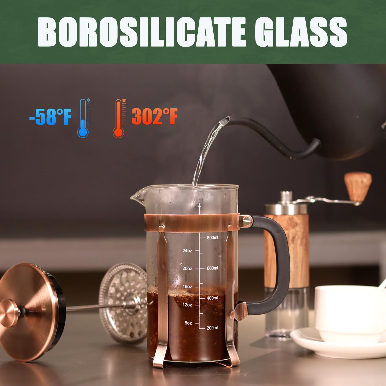 French Press Coffee Maker, 21 Ounce, Stainless Steel, Cold Brew Heat Resistant Borosilicate Glass Espresso Coffee & Tea Maker Wi