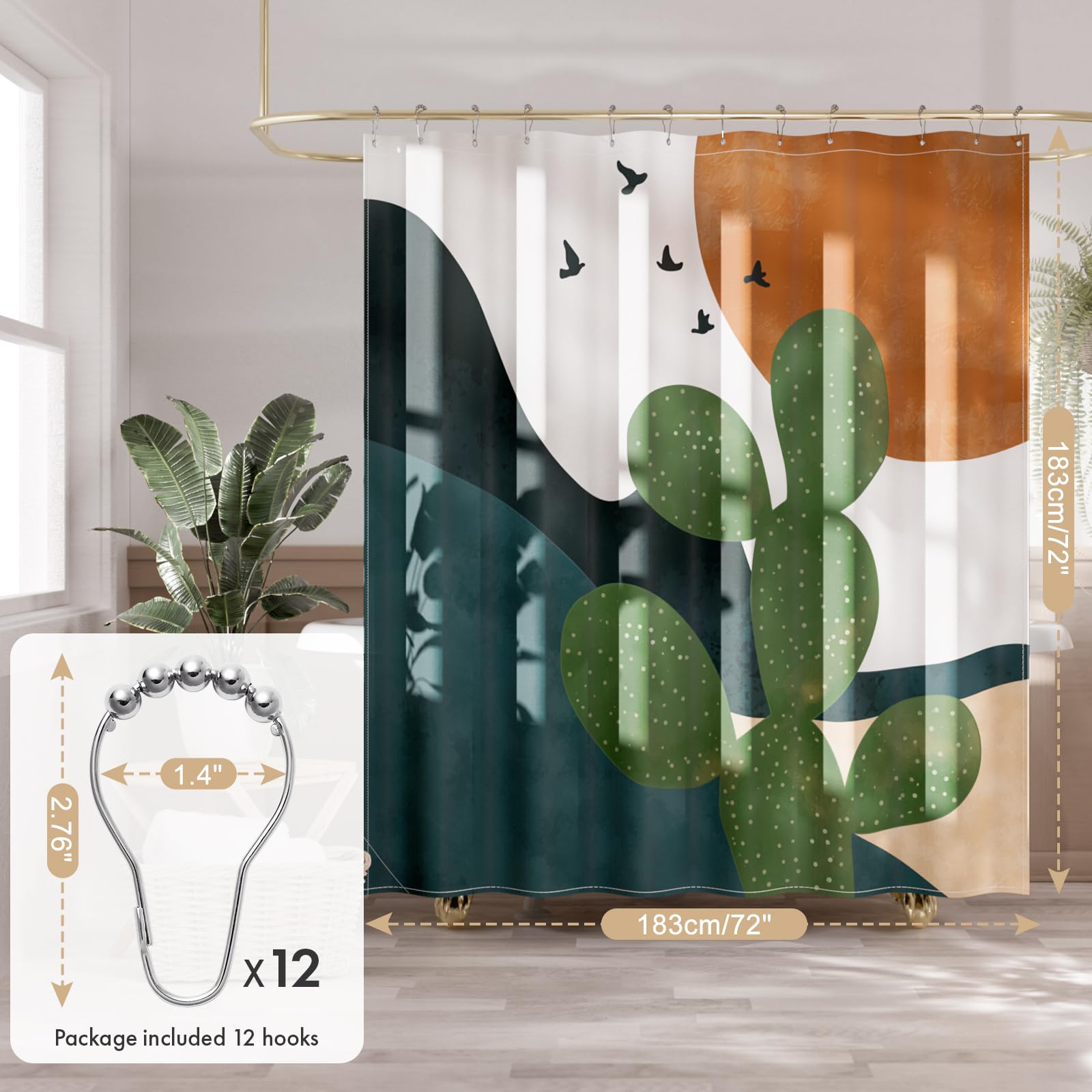 Amazerbath Boho Shower Curtain, 72X72 Washable Cloth Sage Cactus Shower Curtains For Bathroom, Fabric Rustic Neutral Shower Curt