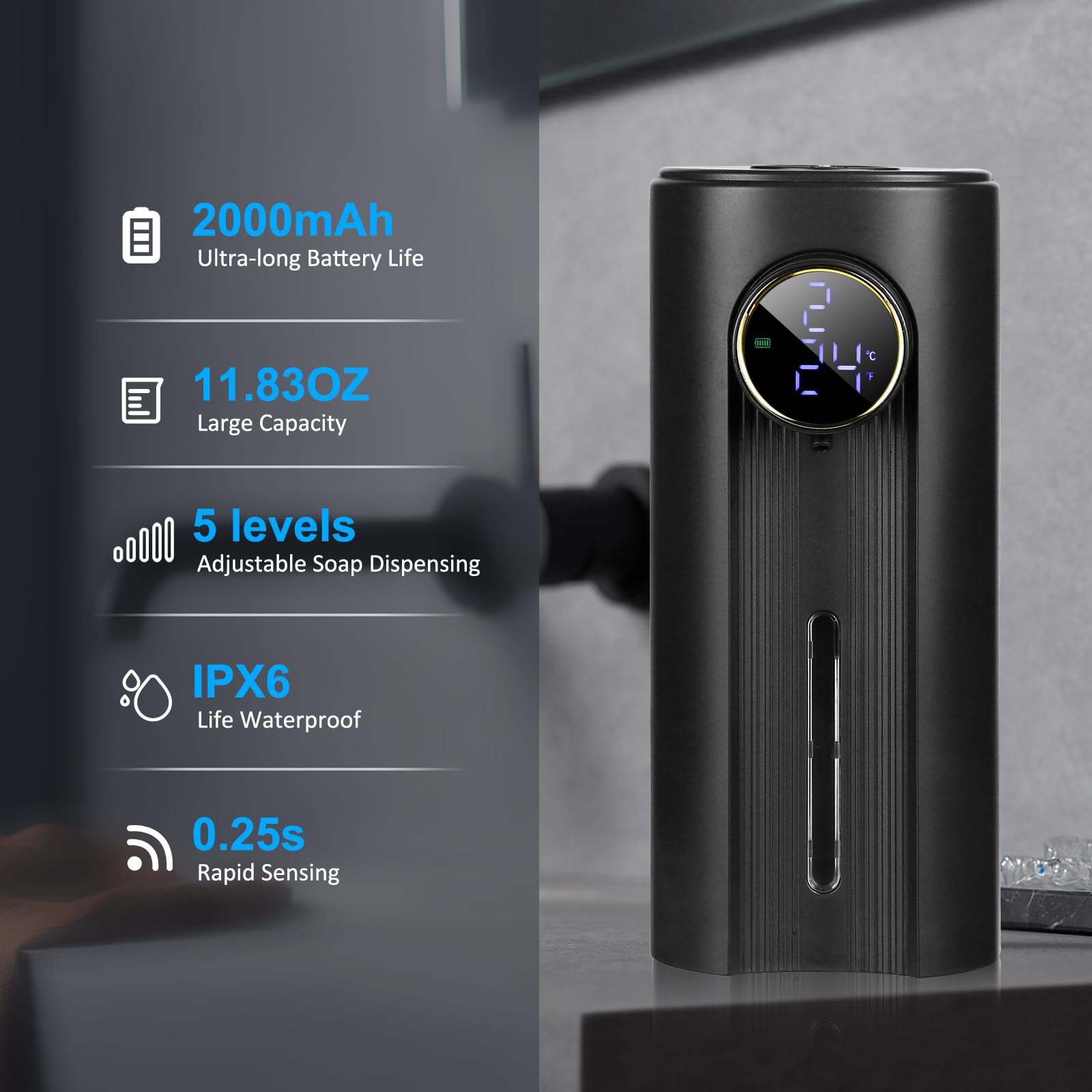 Automatic Soap Dispenser Liquid Bathroom: Black Plastic Rechargeable Modern Touchless Countertop 5 Adjustable Auto Smart Electri