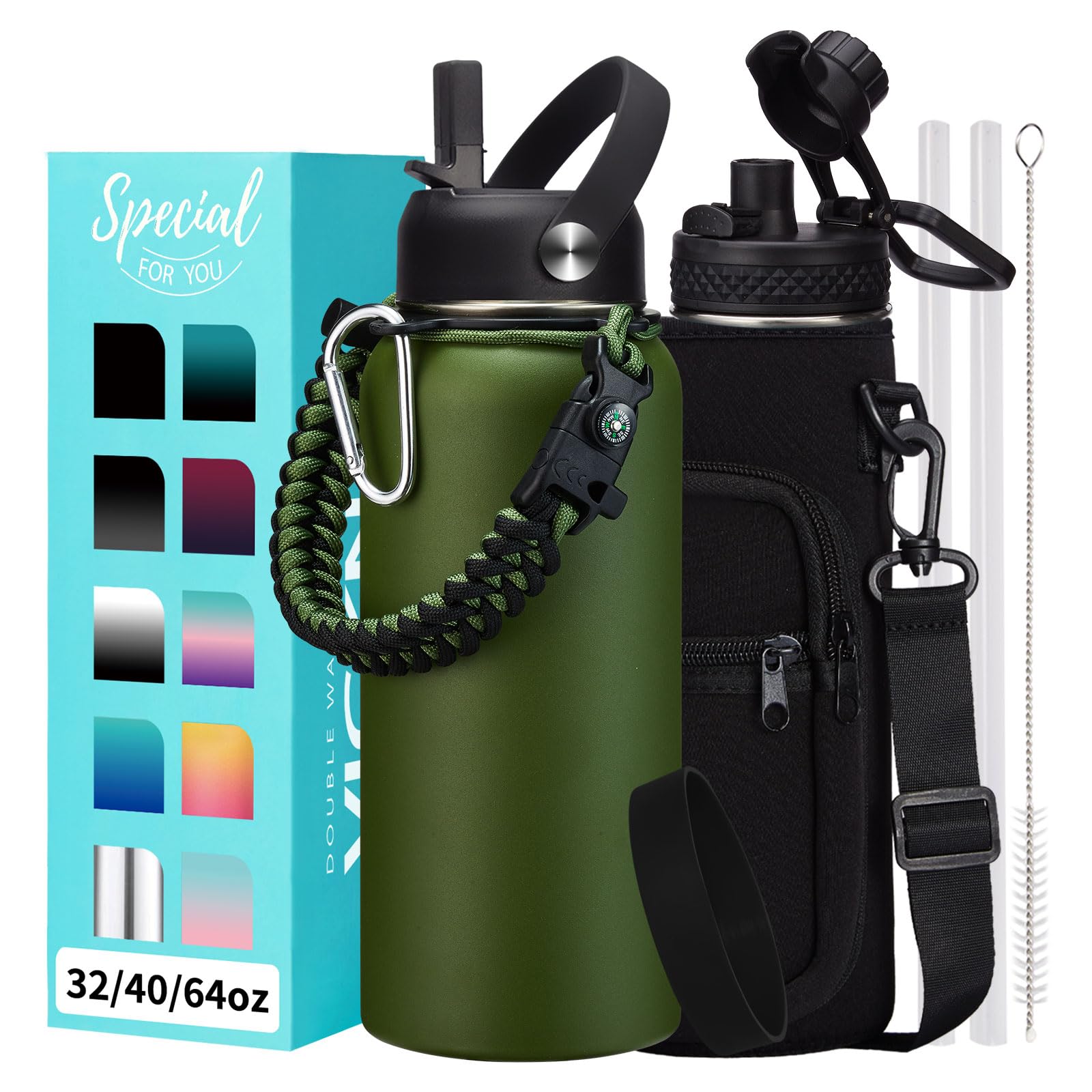 32 oz Water Bottles Insulated with Straw & Chug Lid, Paracord Handle, Strap Carry Bag, Triple Wall Stainless Steel Wide Mouth Th
