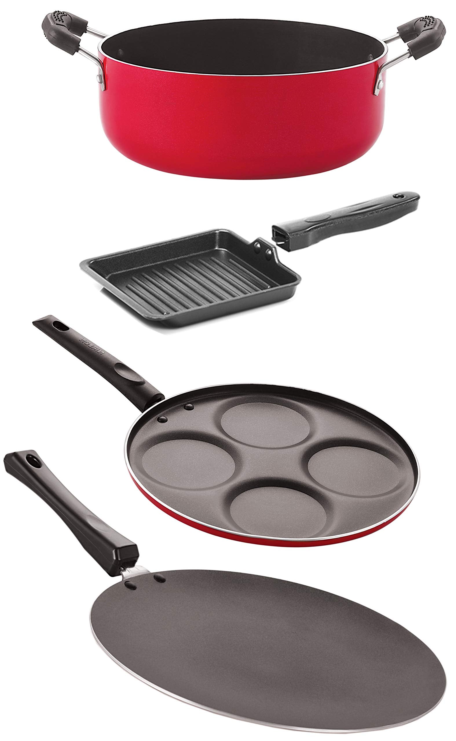 Nirlon Nonstick Coated Heat Resistance Pfoa Free Aluminium Kitchenware Gift 4 Pieces Set (Concave Tawa 27.5Cm + Uttapam 4 Cavity