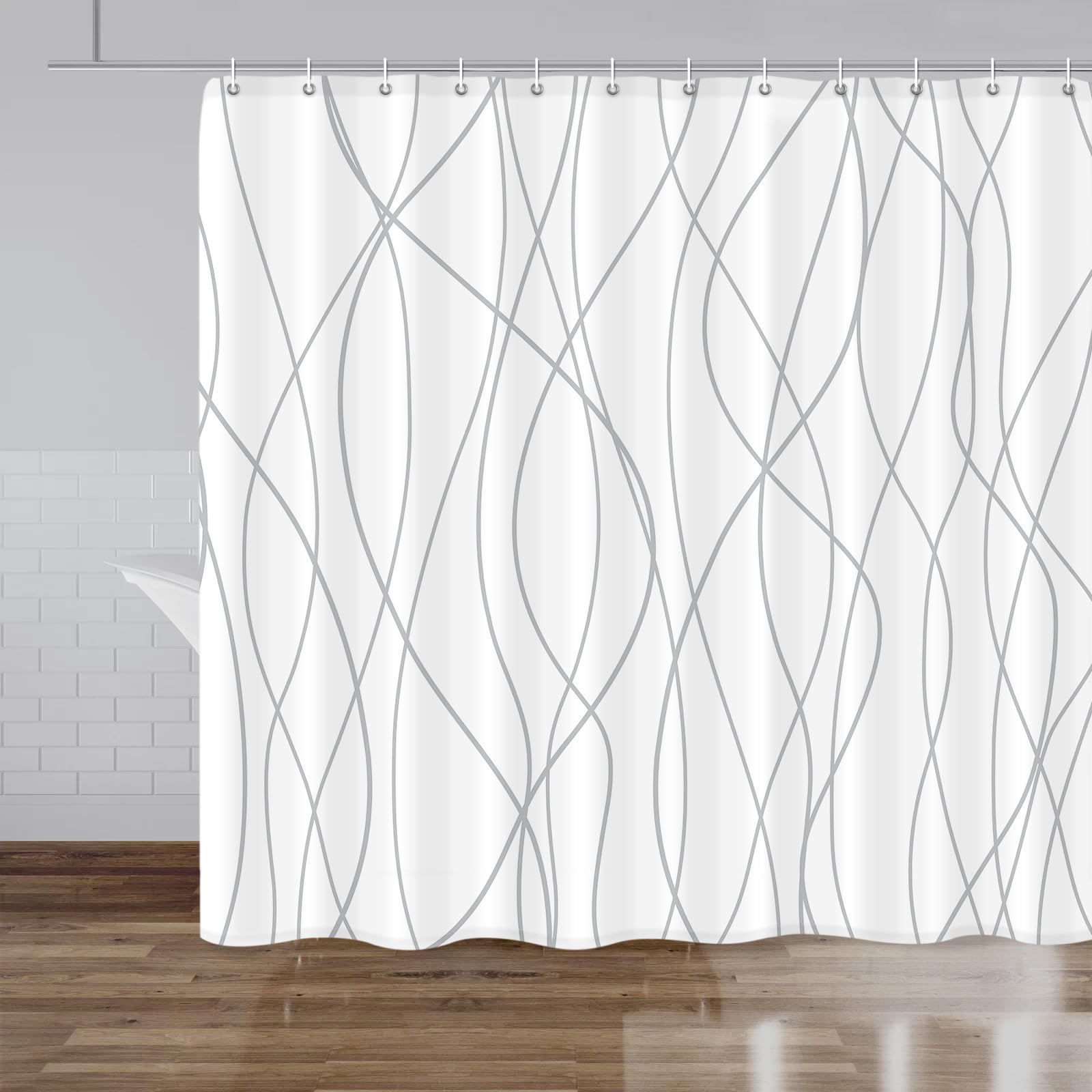 Punkray Grey And White Striped Fabric Shower Curtain For Bathroom With 14 Hooks, Shower Curtains For Bathroom Decor, Waterproof