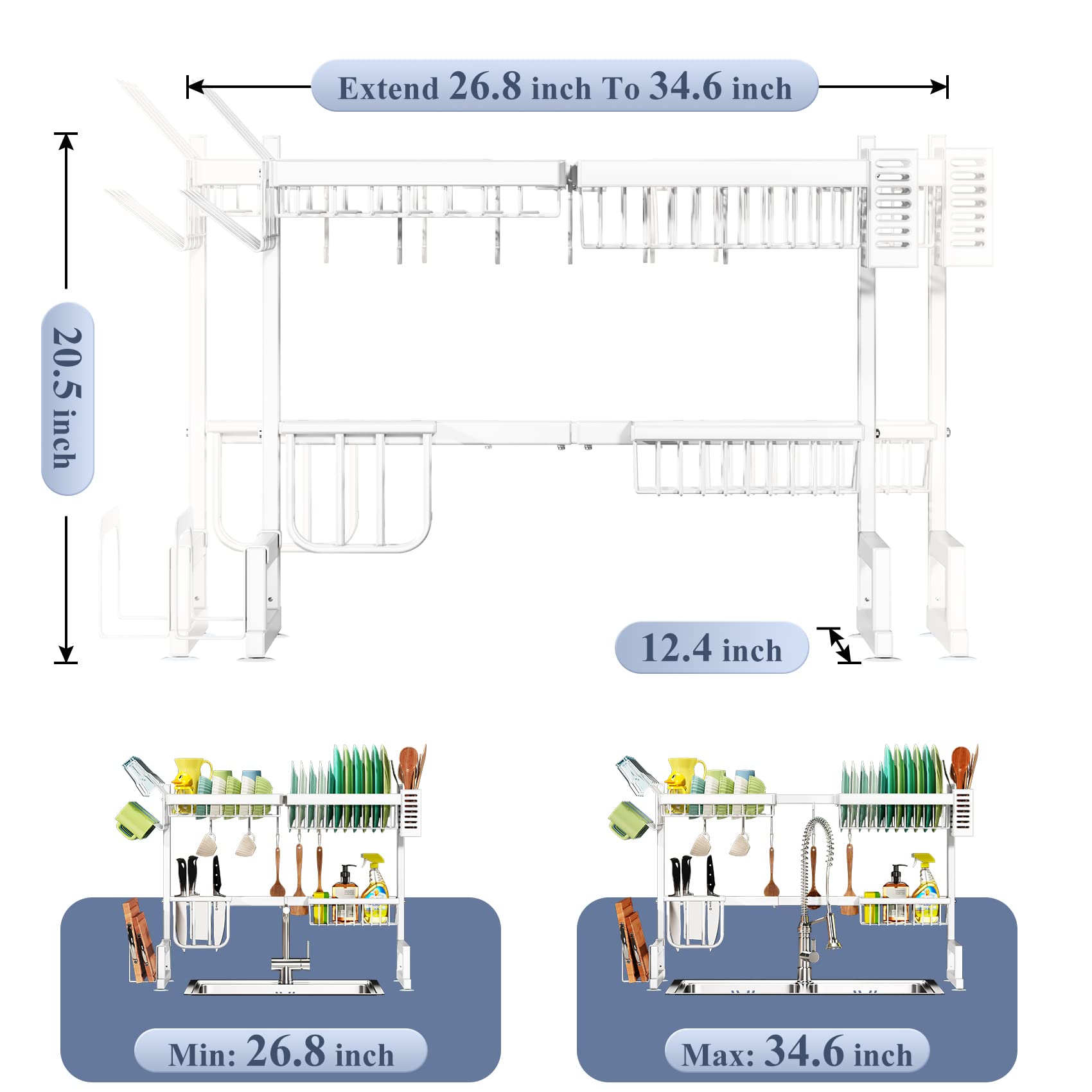 Over The Sink Dish Drying Rack, Adjustable (26.8'' To 34.6'') Large Dish Drainer Drying Rack For Kitchen Counter With Multiple B