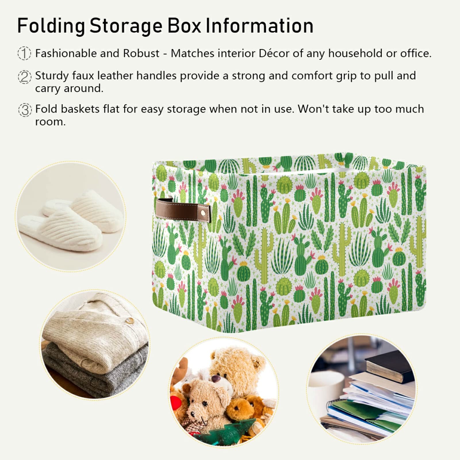 Large Storage Basket Green Cacti Cactus Foldable Storage Box Organizer Bins With Handles For Bedroom Home Office