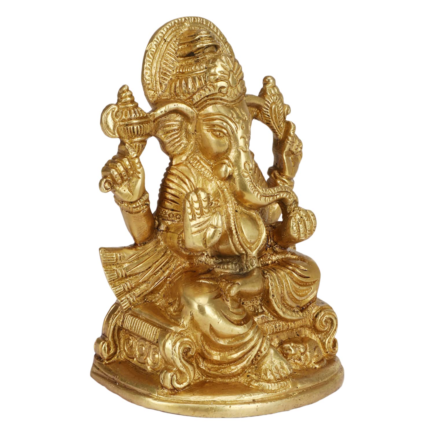 Kartique Brass Ganesha Idol Statue - 5 Inch Height, Golden Color, Seated Posture, For Home Decor And Worship, Brings Positive En