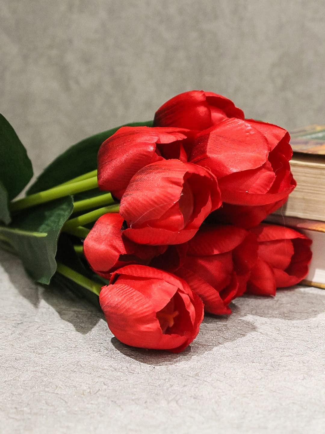 Fourwalls Beautiful Artificial Polyester and Plastic Tulip Flower Bunch (9 Head Flower, 38 cm Total Height, Red)