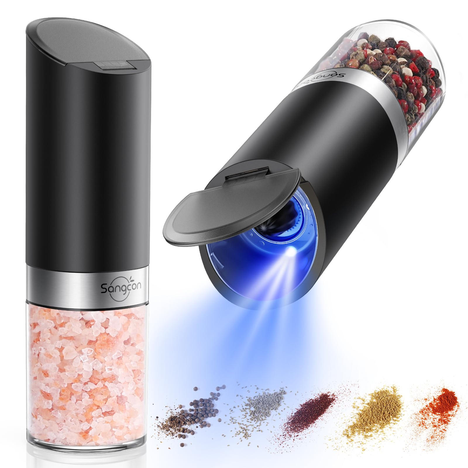 Sangcon Gravity Electric Salt and Pepper Grinder Set with Dust Cover, Battery Operated(4 AAA), Large Capacity, Adjustable Coarse