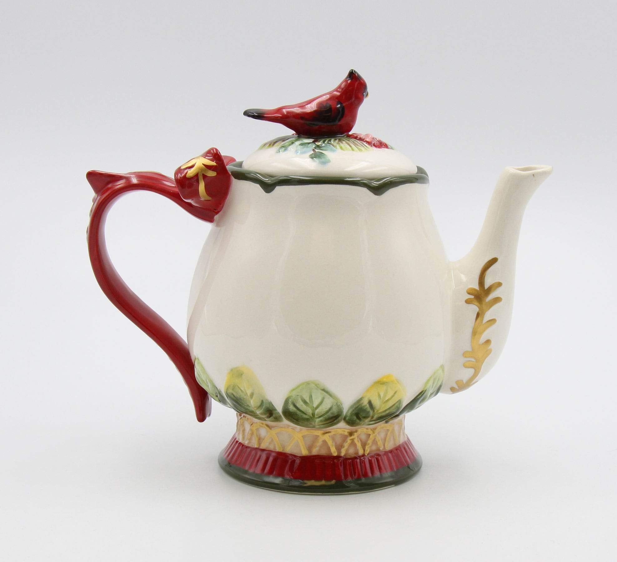 Fine Ceramic Evergreen Holiday Red Cardinal with Pine Cones Teapot  8-1/8'' L