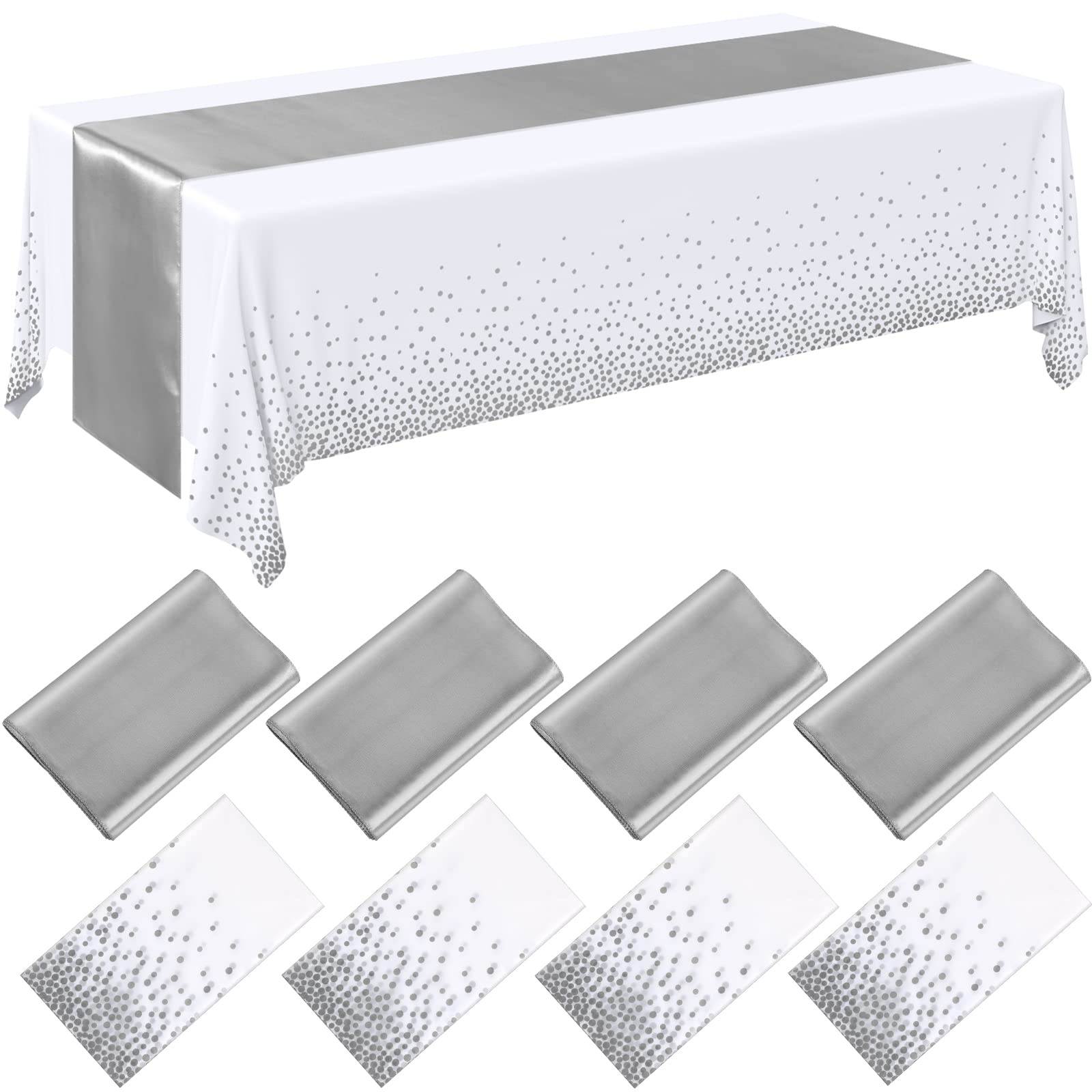 Breling 8 Pack White and Silver Disposable Plastic Tablecloths and Satin Table Runner Set, 54 x 108 Inch Tablecloth, 12 x 108 In