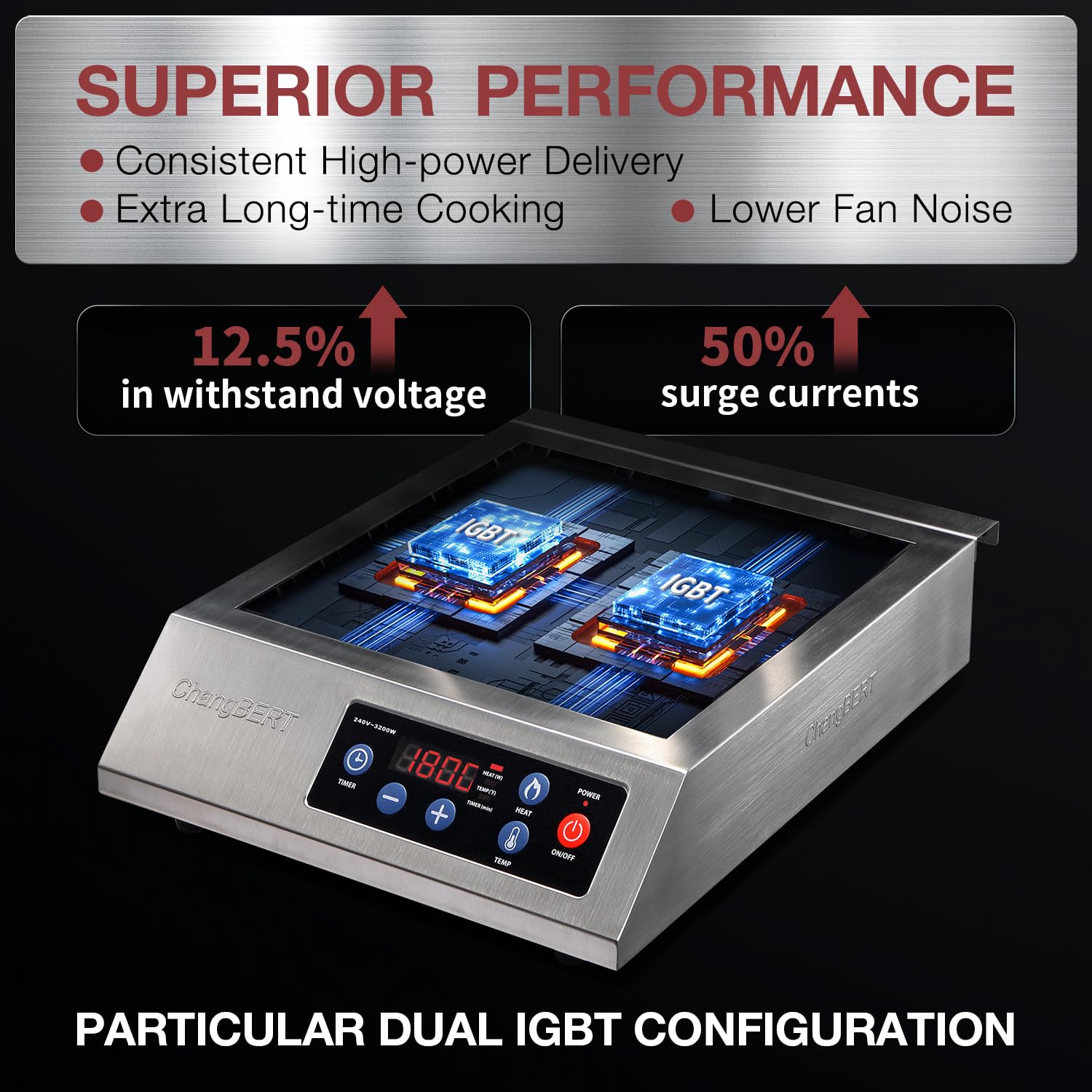 ChangBERT Induction Cooktop 1800W NSF Certified Commercial Grade Durable Countertop Burner Pro Chef Professional 18/10 Stainless Steel Housing Schott Glass 10-Hour Timer