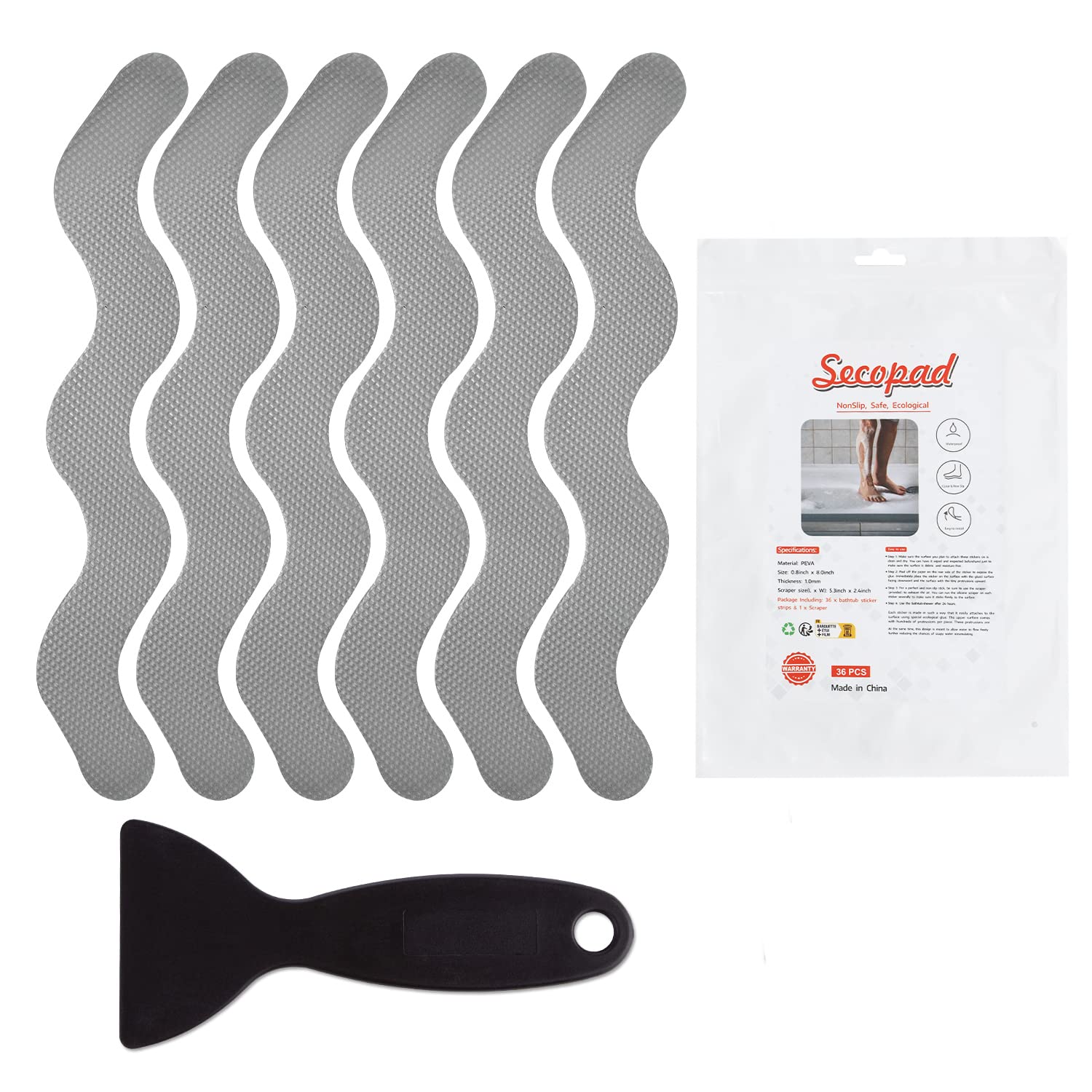 Secopad 36 Pcs Anti Slip Shower Stickers, Safety Bathtub Strips Adhesive Decals With Premium Scraper For