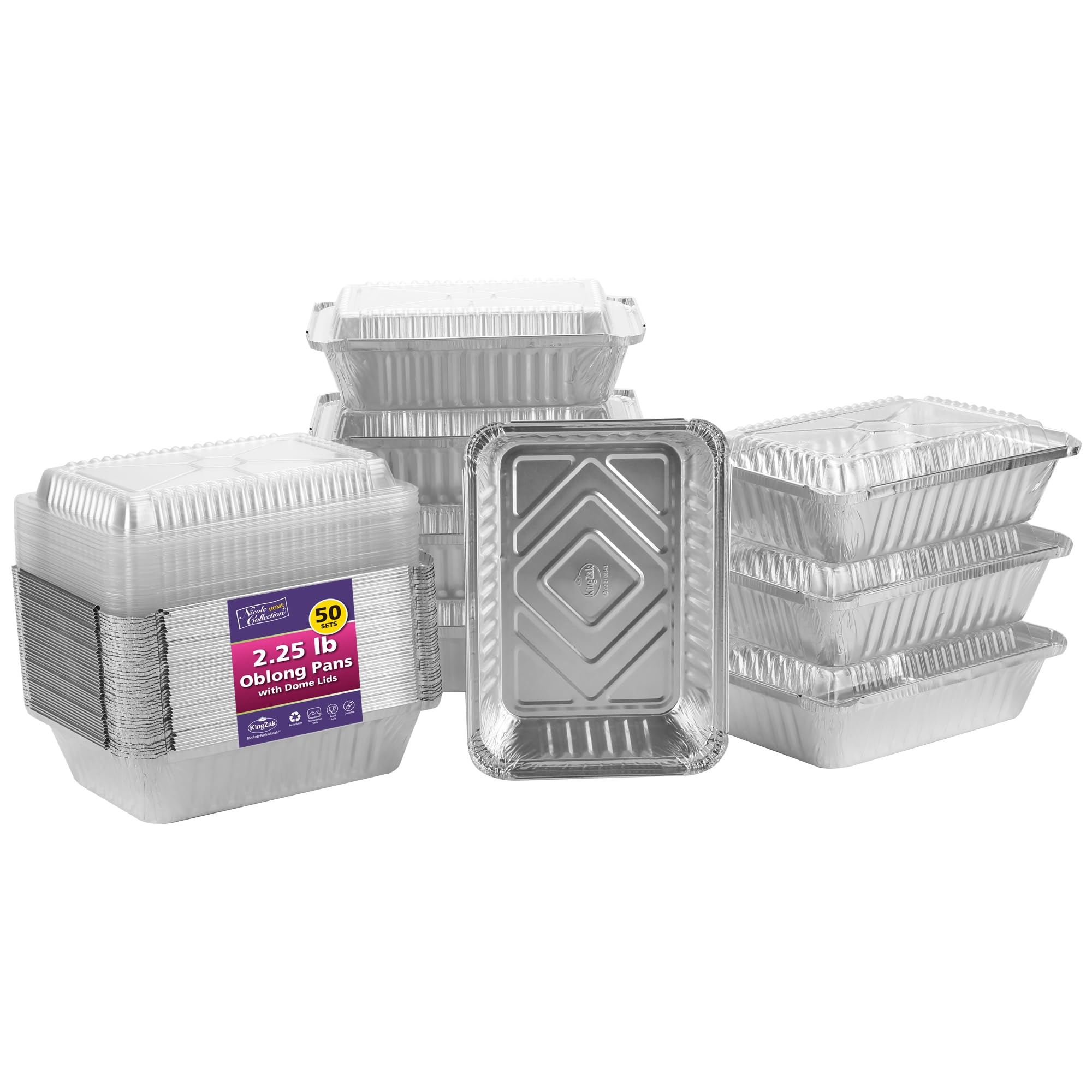 Aluminum Pans With Plastic Dome Lids - 50 Count - 2.25Lb (8.5''X6'') Oblong Pans - To Go Containers With Lids - Disposable Tin F
