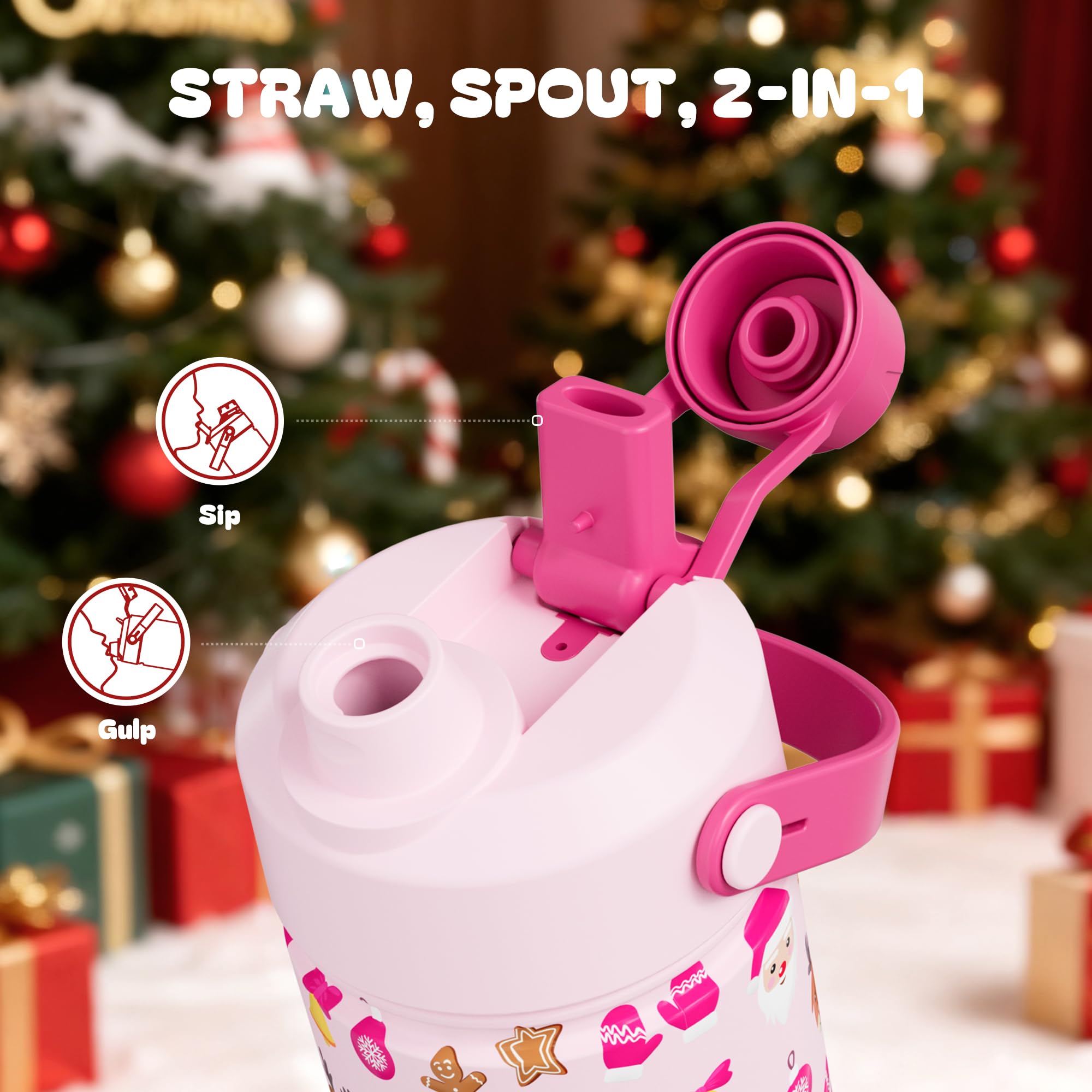12 oz Christmas Kids Insulated Water Bottle: 2-in-1 Straw Spout Lid, Leakproof, BPA-Free, Stainless Steel Cup with Carrier Bag f
