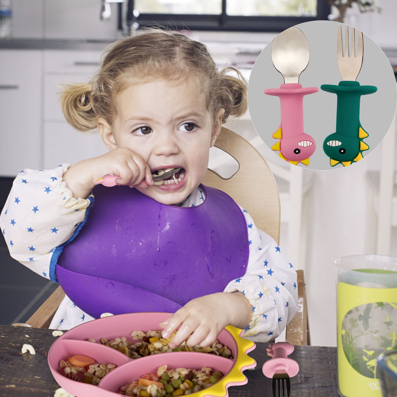 NICINGU Toddler Utensils,Baby Spoons Fork Sets,Kids Silverware with Silicone Handle,Dinosaur Toddler Spoons Forks-Pink