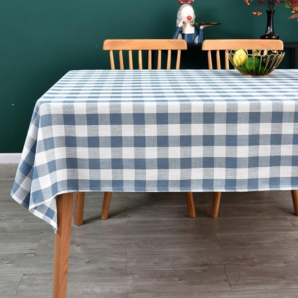 Yofori Gingham Table Cloth for Rectangle Tables Sky Blue Checkered Plaid Tablecloth Heavy Duty Cotton Blend Washable & Wrinkle T