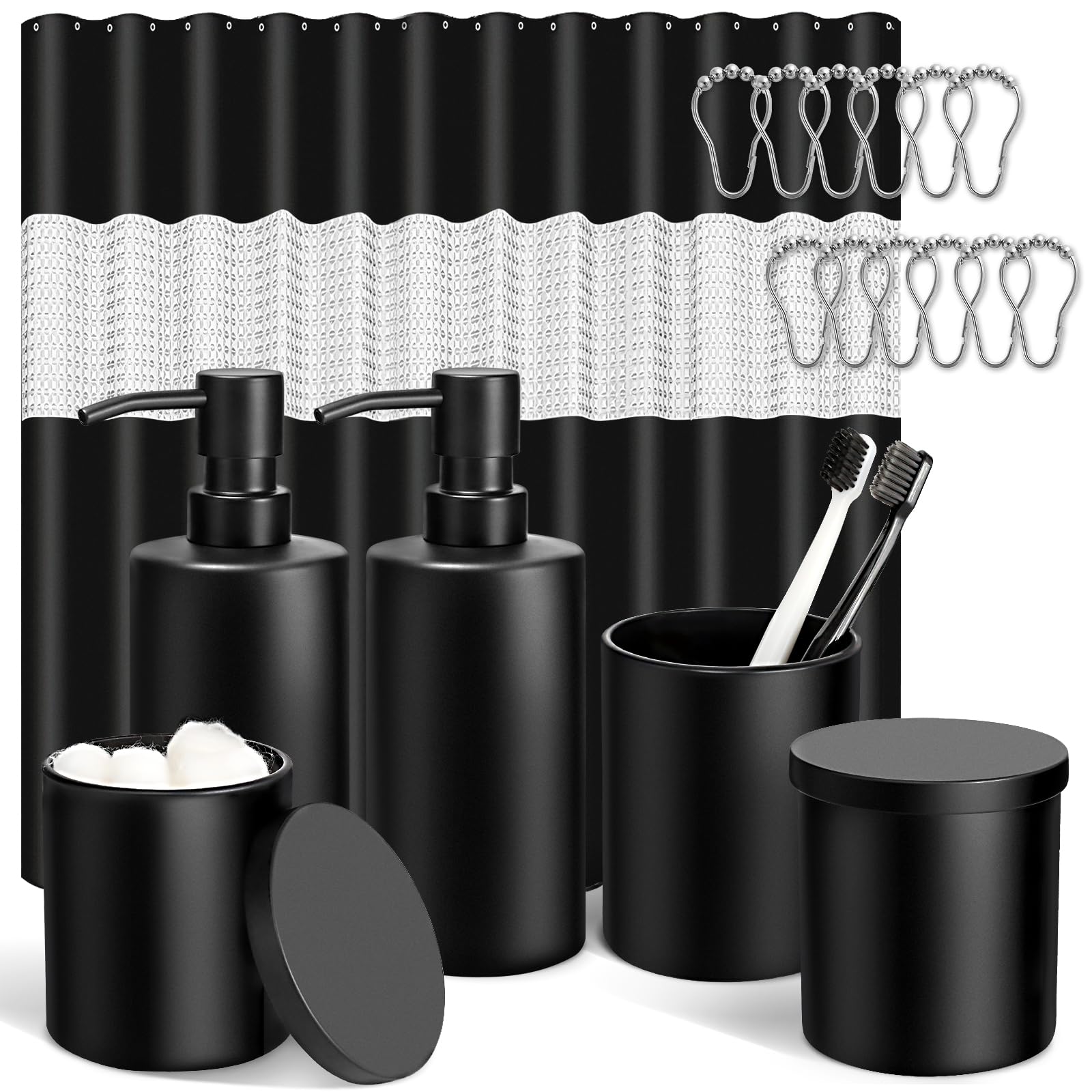 Alpiriral Matte Black Bathroom Accessories Set, 18 Pcs Bathroom Shower Curtain Sets With Hooks, Glass Bathroom Accessories Sets