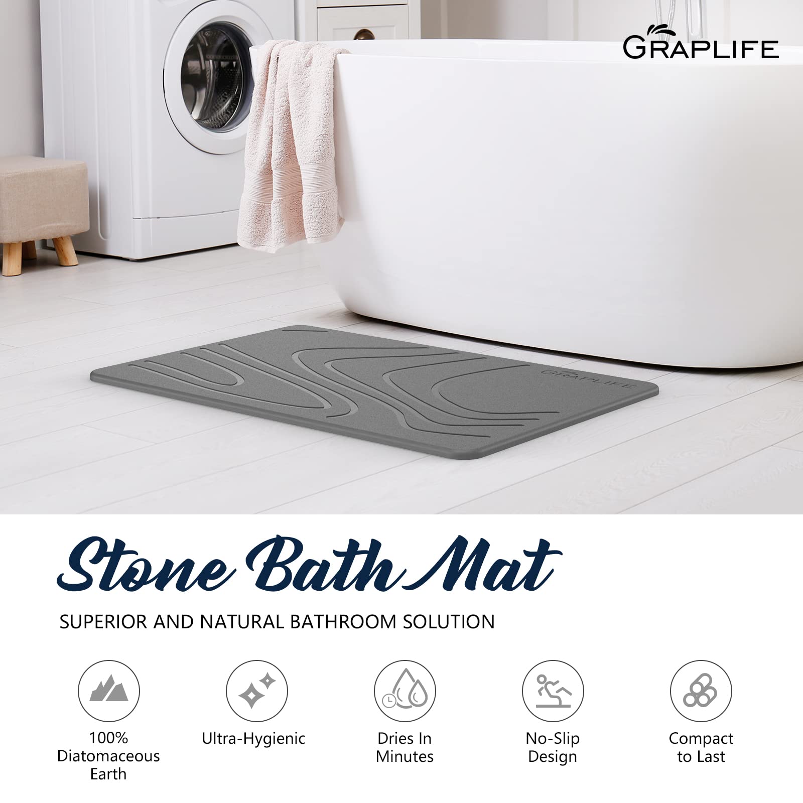 Graplife Stone Bath Mat 2 Pack  Tub & Bathroom Floor - Super Absorbent Diatomaceous Earth Shower Mat  Non-Slip Fast-Drying Mat for Kitchen Counter  Elegant Home Decor & Modern Accessories Gray