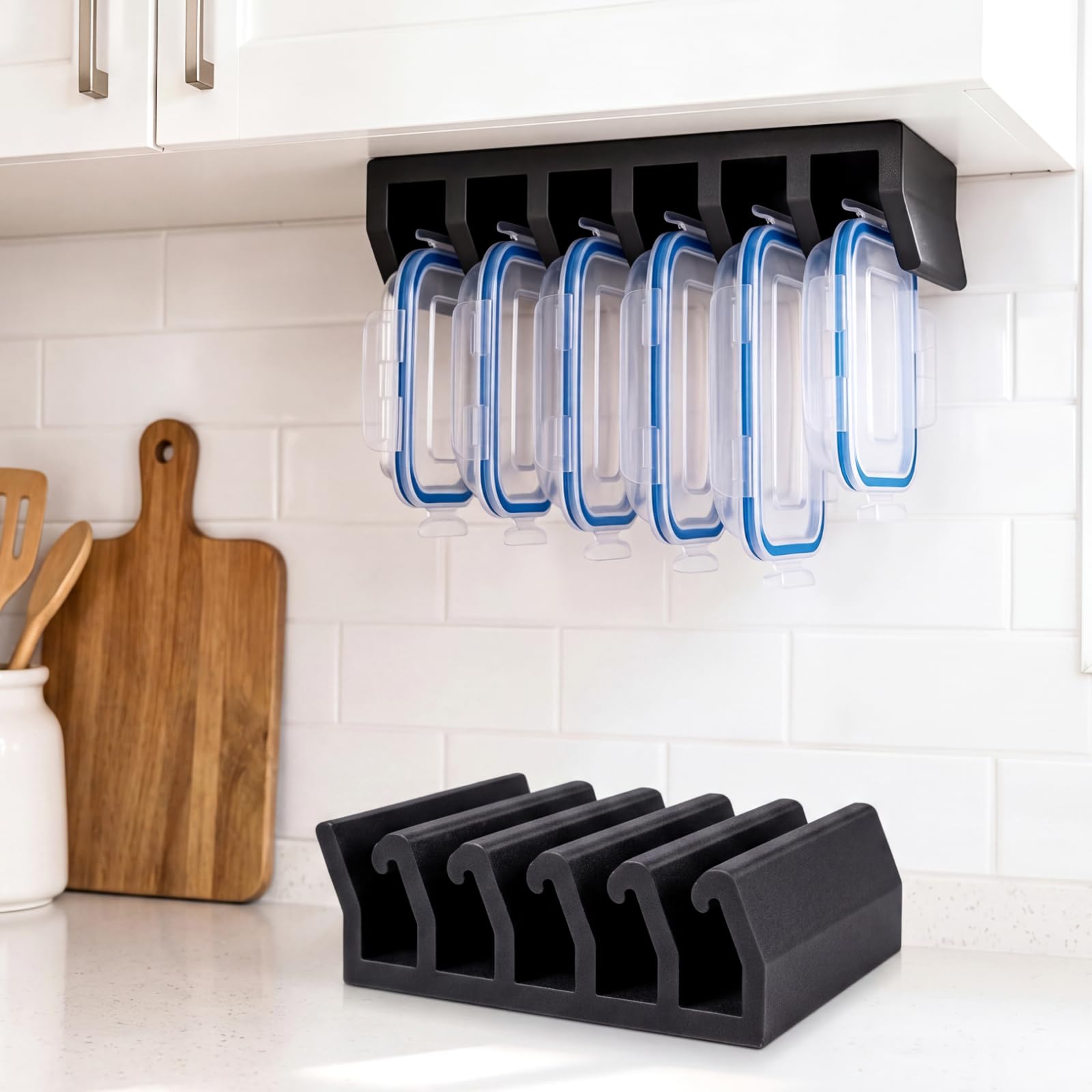 Container Lid Organizer Under Cabinet Kitchen Lid Hanger with 6 Dividers