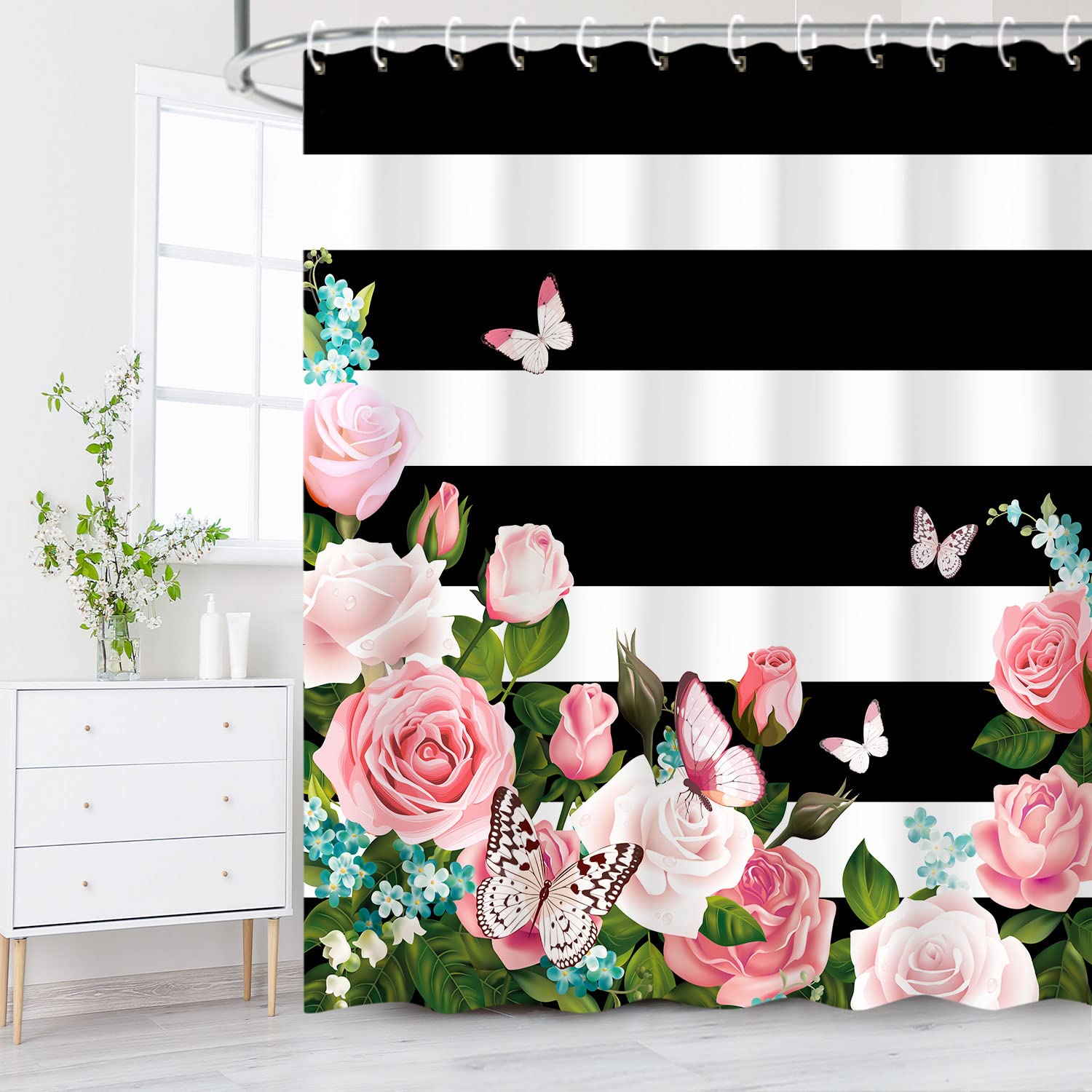 Livilan Striped Shower Curtain With Pink Roses, Pink Shower Curtain,Butterfly Shower Curtains Set With Hooks, Girly Shower Curta