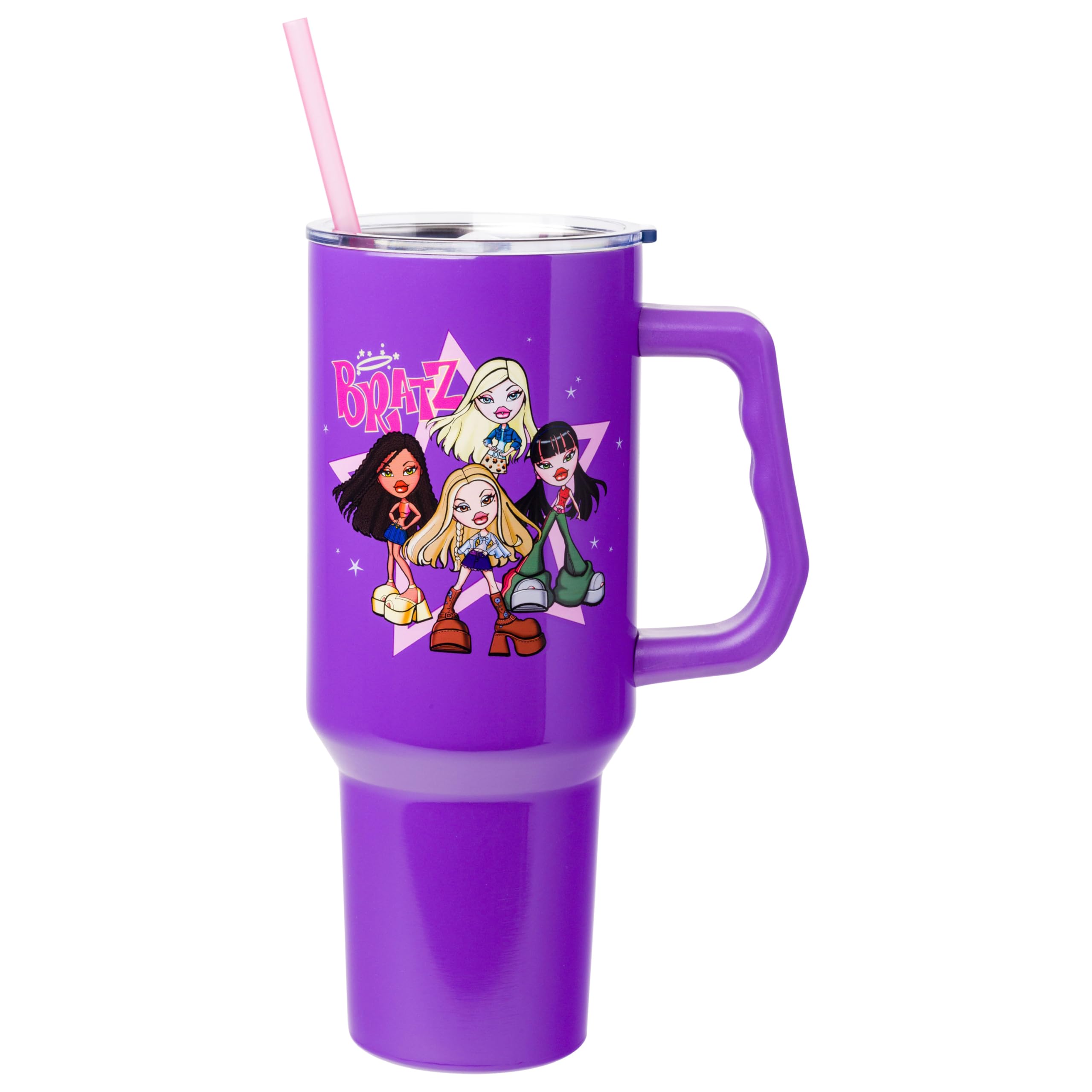 Silver Buffalo Bratz Featuring Cloe, Yasmin, Jade, and Sasha Stainless Steel Tumbler with Handle and Straw, Fits in Standard Cup