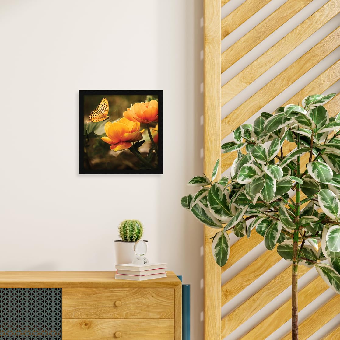 Jitesh Arts Butterflies, Birds Hummingbird And Sunflower - Oil Painting Wall Paintings With Frame Size 13 Inch X 13 Inch