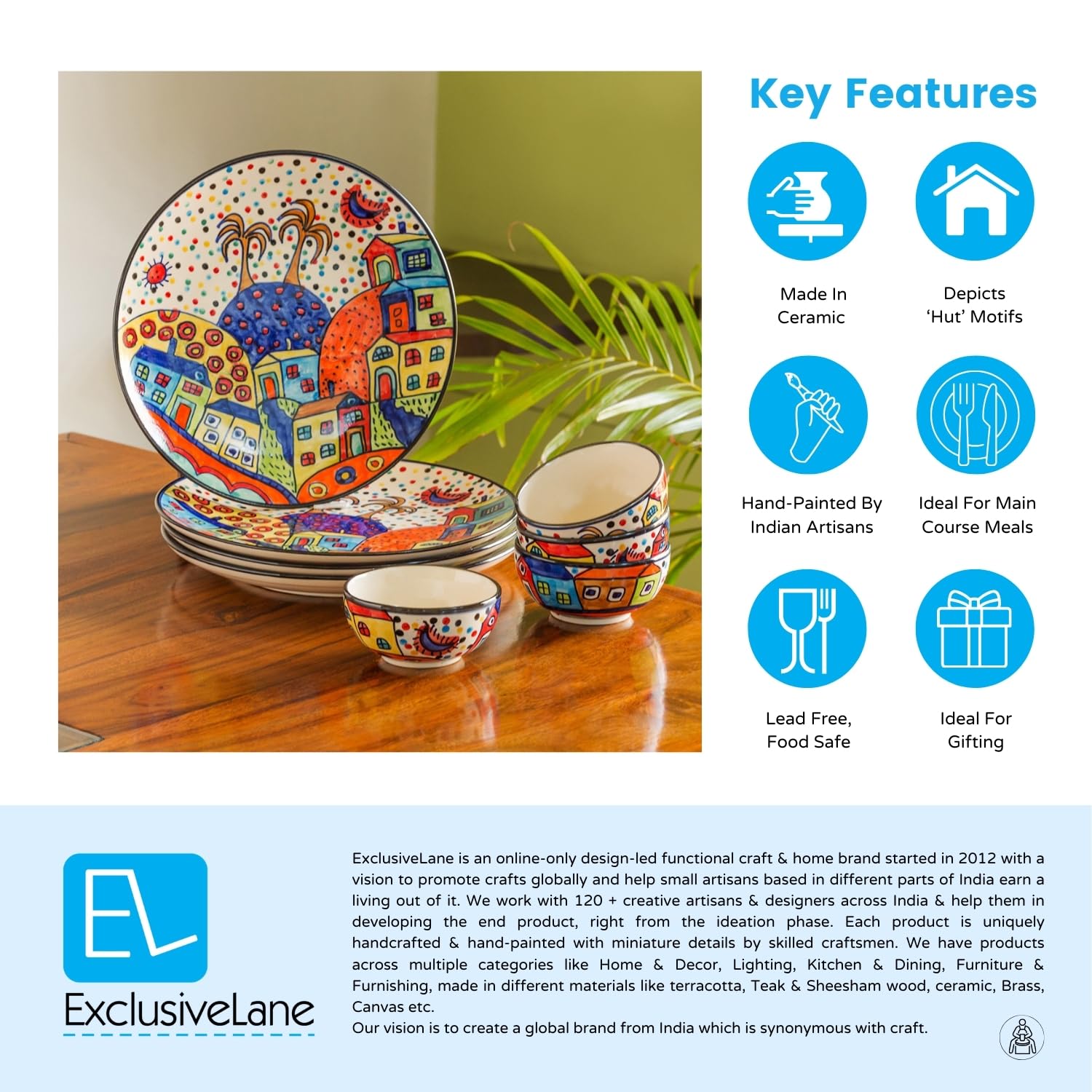 Exclusivelane Hut Dining Handpainted Ceramic Dinner Set Ceramic Plates For Dinner Plates With Ceramic Bowls Katoris (8 Pieces,