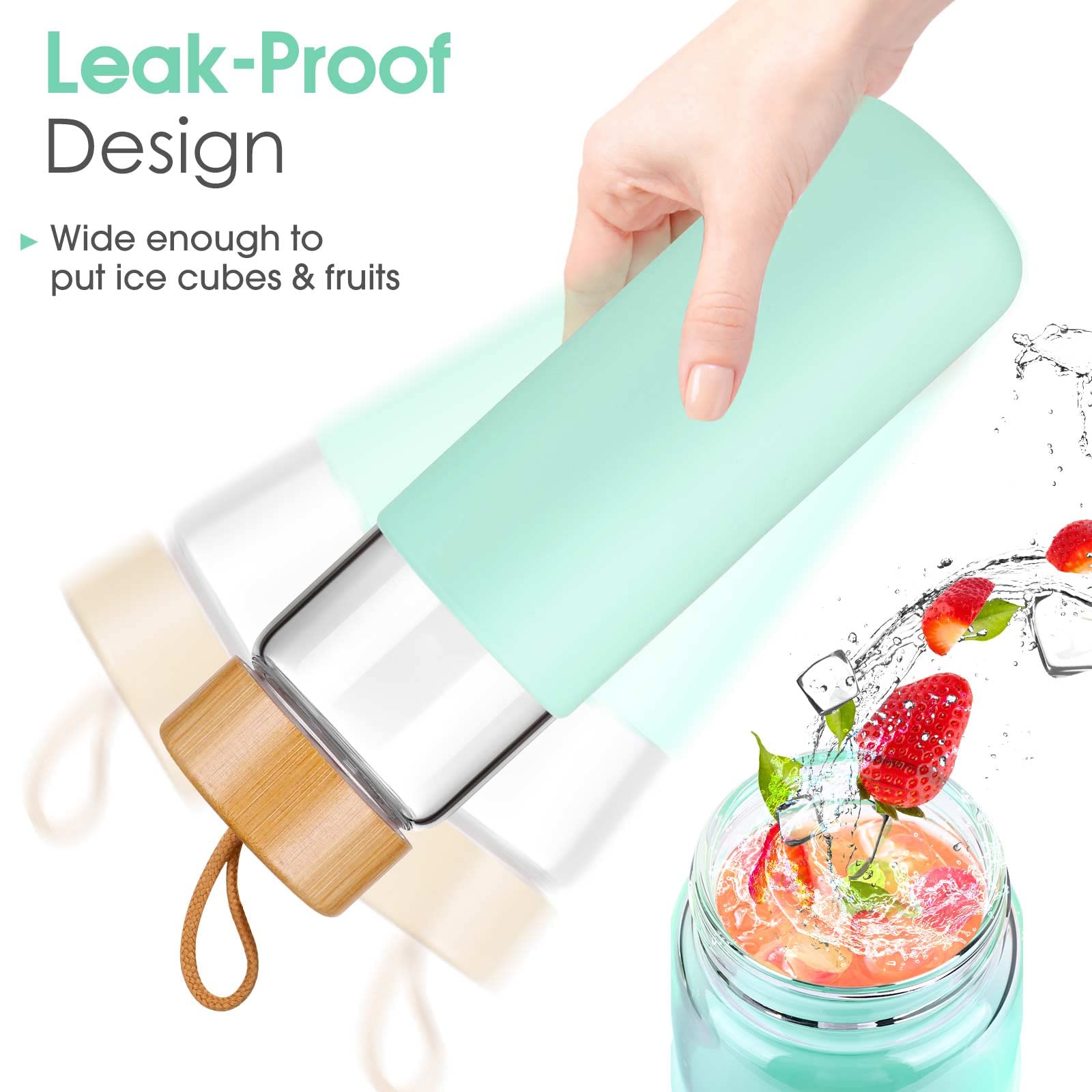 Yomious 25 Oz Glass Water Bottle With Bamboo Lid - Borosilicate Glass Water Bottles With Sleeve, Wide Mouth And Dishwasher Safe