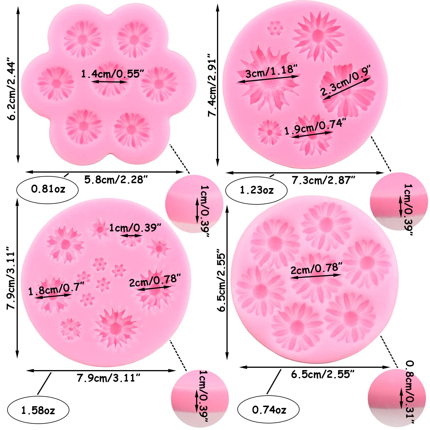 Mujiang Daisy Chrysanthemum Flower Silicone Fondant Molds For Cake Decorating Chocolate Candy Clay Gum Paste Set Of 4