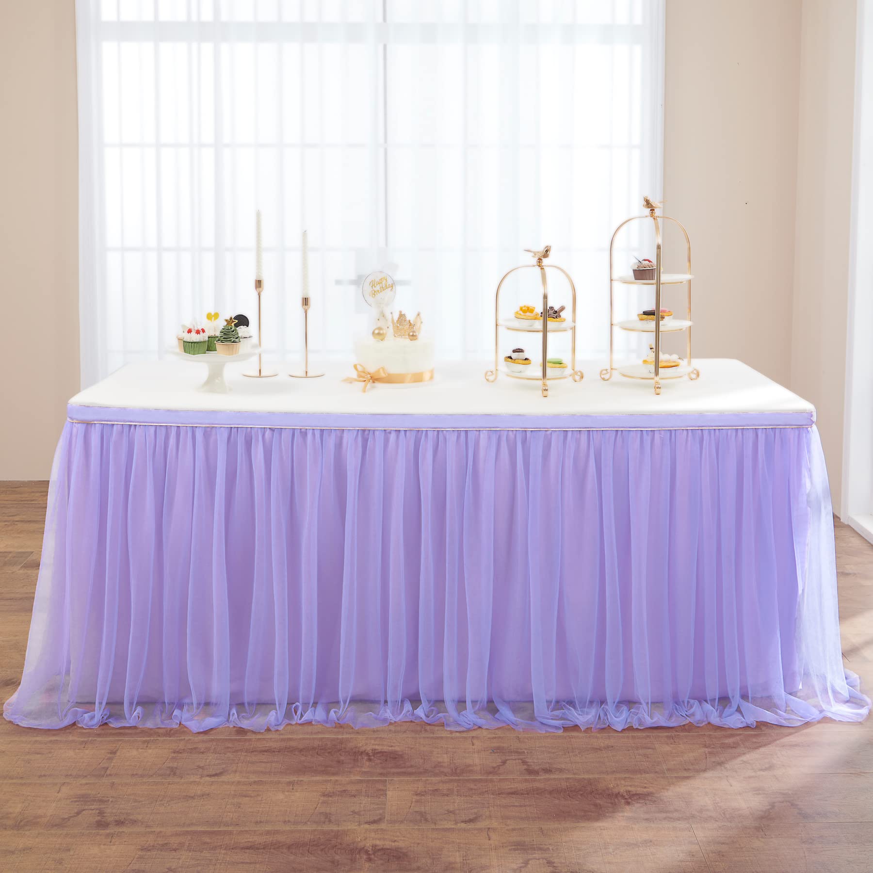 108in Lavender Tulle Table Skirts for Rectangle Tables 6/8/4ft, 2-Layer Gold Grim Lilac Purple Ruffle Tulle Tutu Cloth Table Ski