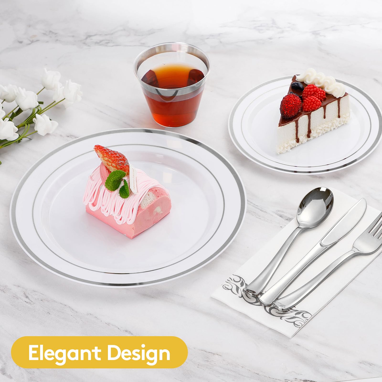 350 Piece Silver Dinnerware Set for 50 Guests  disposable Plastic Plates for Party  Include: 50 Silver Rim Dinner Plates  50 Dessert Plates  50 Paper Napkins  50 Cups  50 Plastic Silverware set
