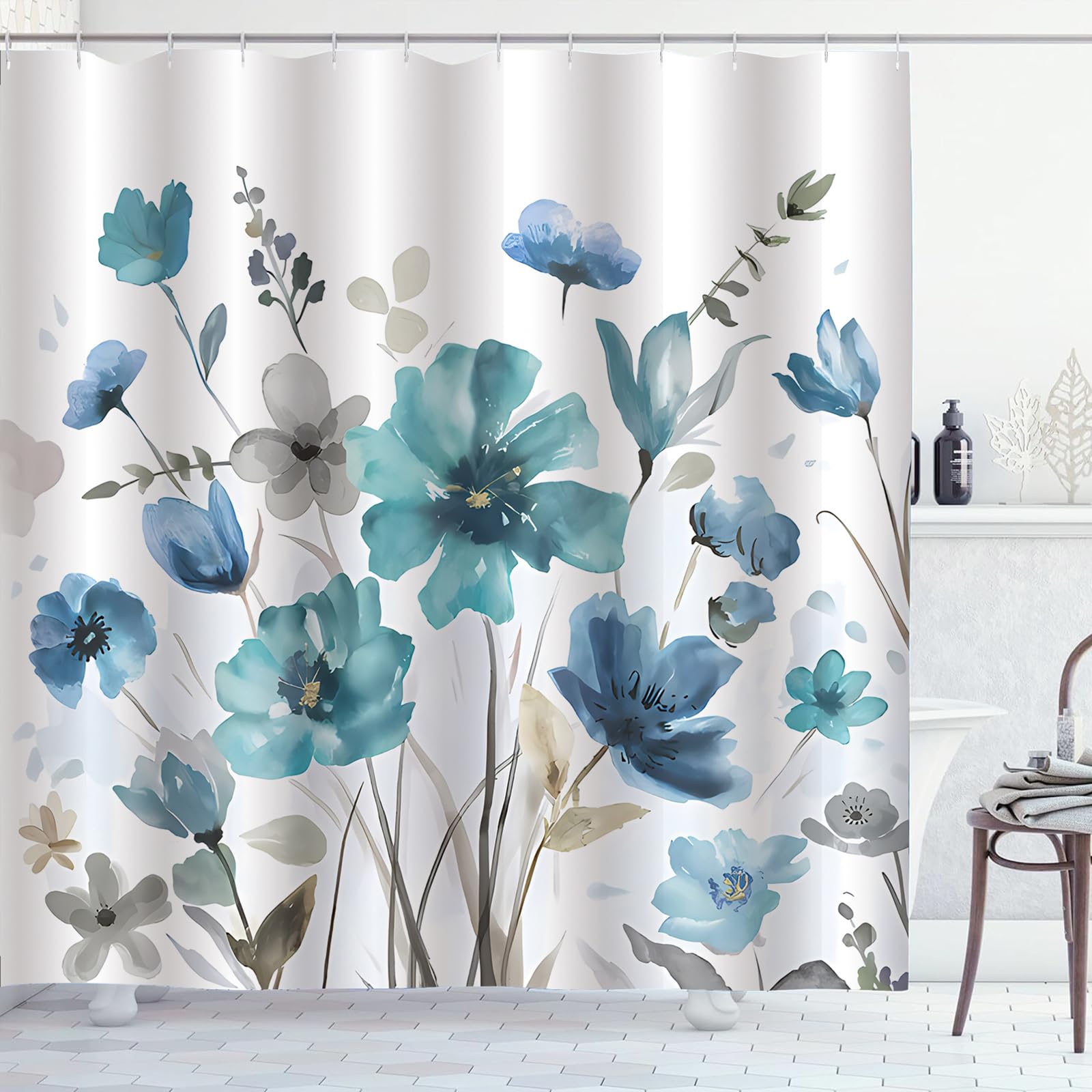 Zchomi Teal Blue Floral Shower Curtain Watercolor Flower Shower Curtain For Bathroom Waterproof Polyester Fabric Bathroom Curtai