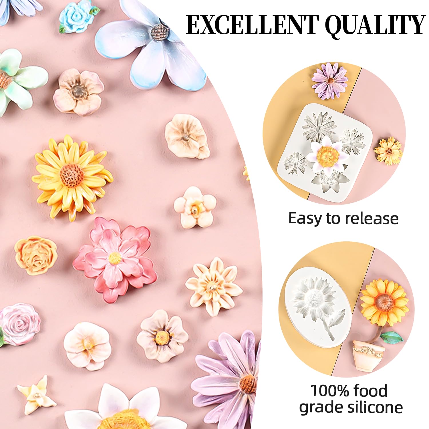 Kalaien 4Pcs Sunflower Fondant Silicone Mold For Cake Topper Decoration Chocolate Candy Sugar Diy Craft Gum Paste