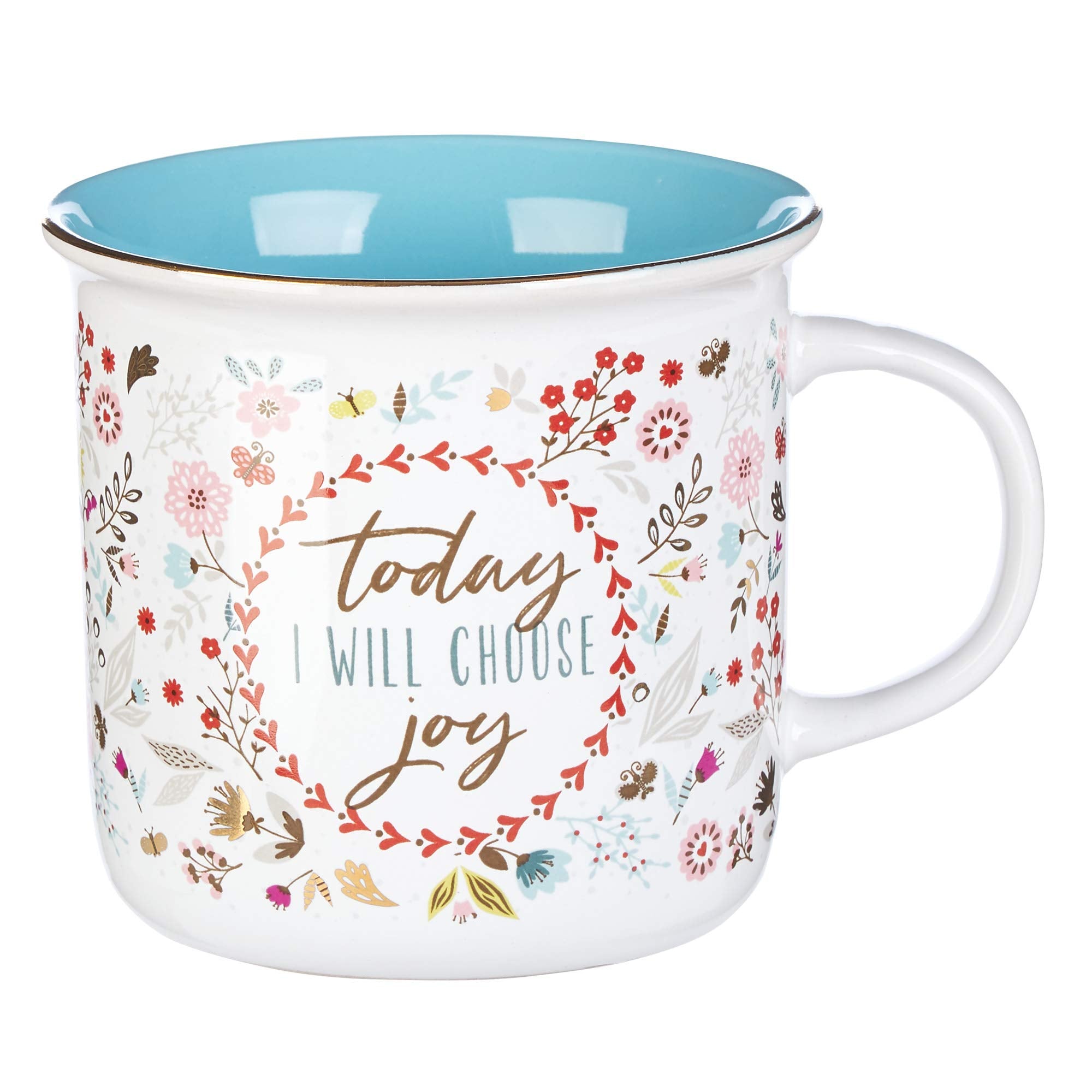 Today I Will Choose Joy Positive Message Encouraging Cute Mug for Women Floral Design Blue/White Ceramic Cup for Coffee/Tea, Met
