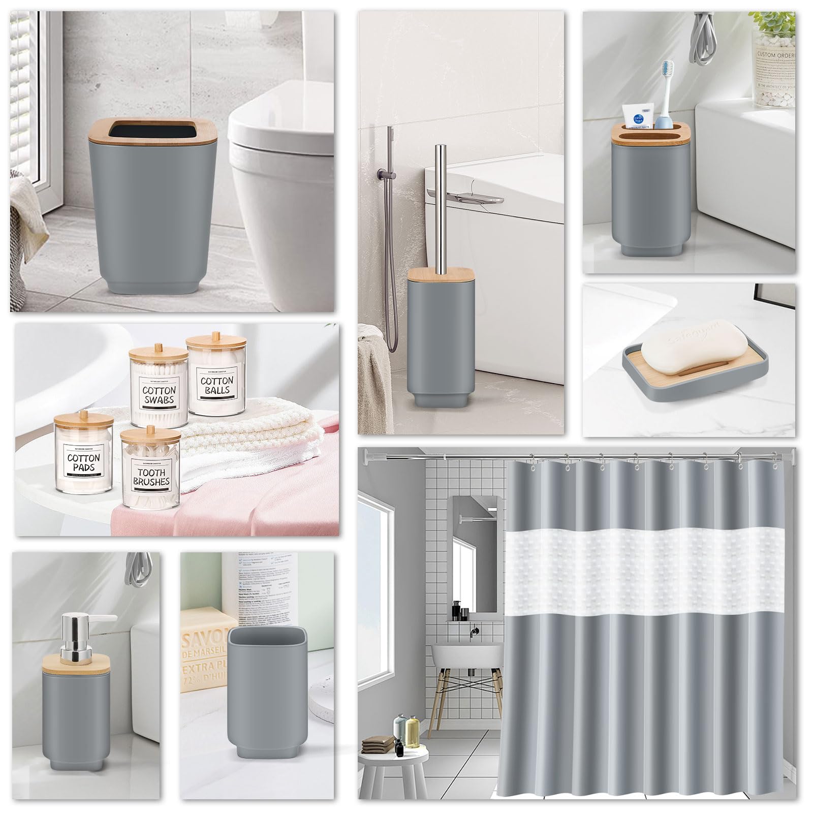 Imavo Grey Bathroom Set,24 Pcs Bathroom Accessories Set With Shower Curtain,Tray,Trash Can,Soap Dispenser,Soap Dish, Toothbrush
