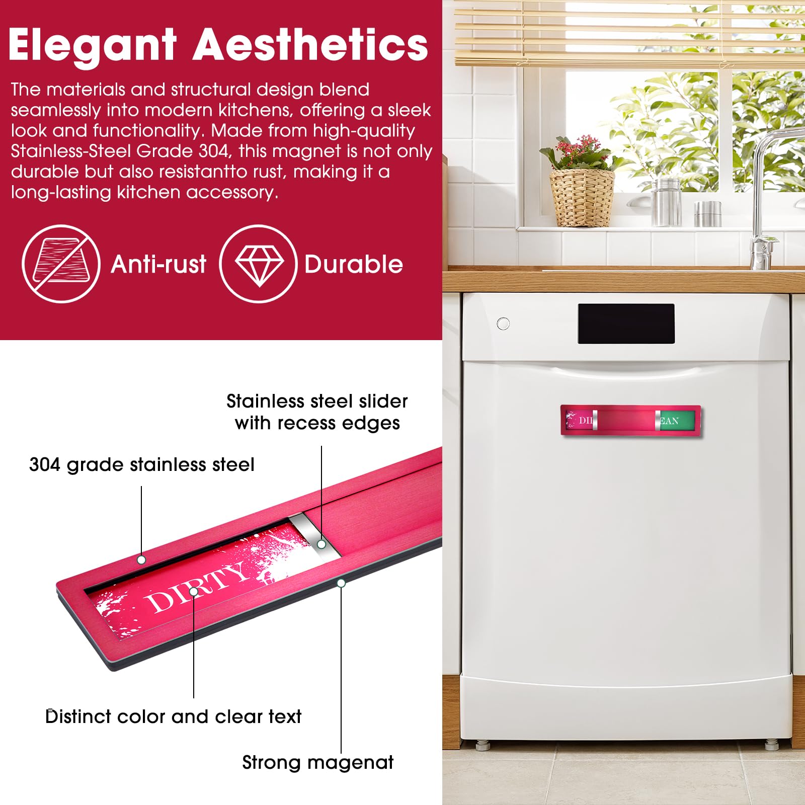 Christmas Red Dishwasher Magnet Clean Dirty Sign - Festive Clean/Dirty Indicator with 304 Stainless Steel Magnet & Strong Adhesi