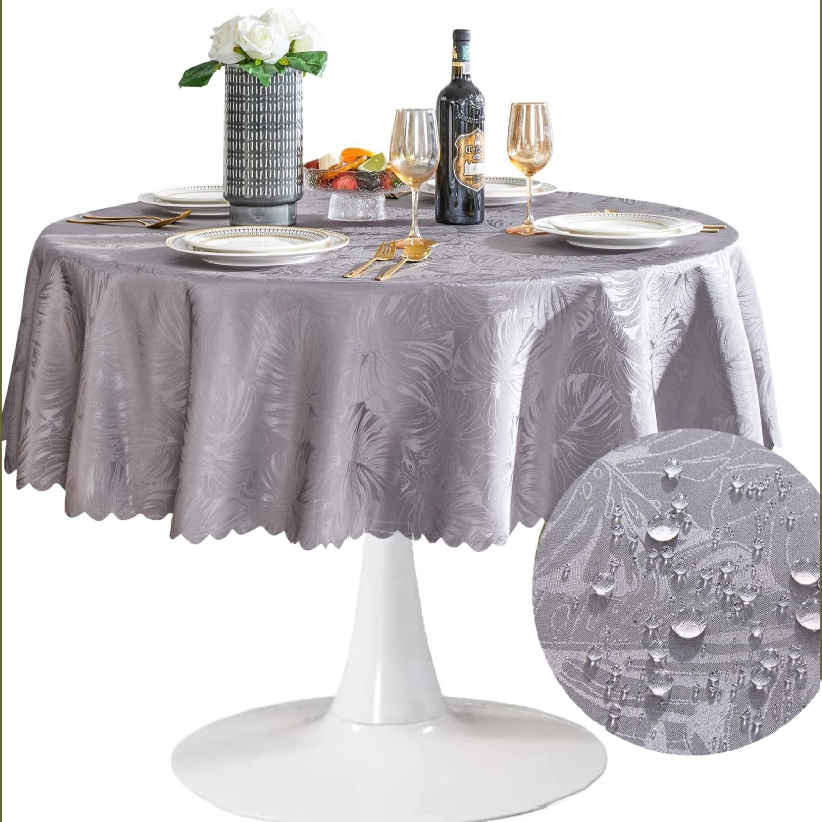 Jacquard Round Tablecloth 60 Inch Grey Tablecloth Leaves Pattern Scalloped Edge Silky Soft Table Cloth Waterproof Wrinkle Resist