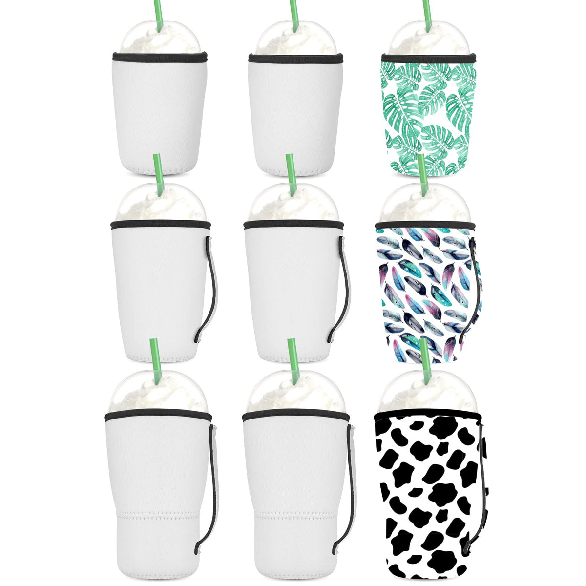 Offnova 9 Pack Sublimation Blank Coffee Sleeve, Reusable 3-Size Neoprene Sleeves With Handle, 16-32Oz Cover For Starbucks Coffee