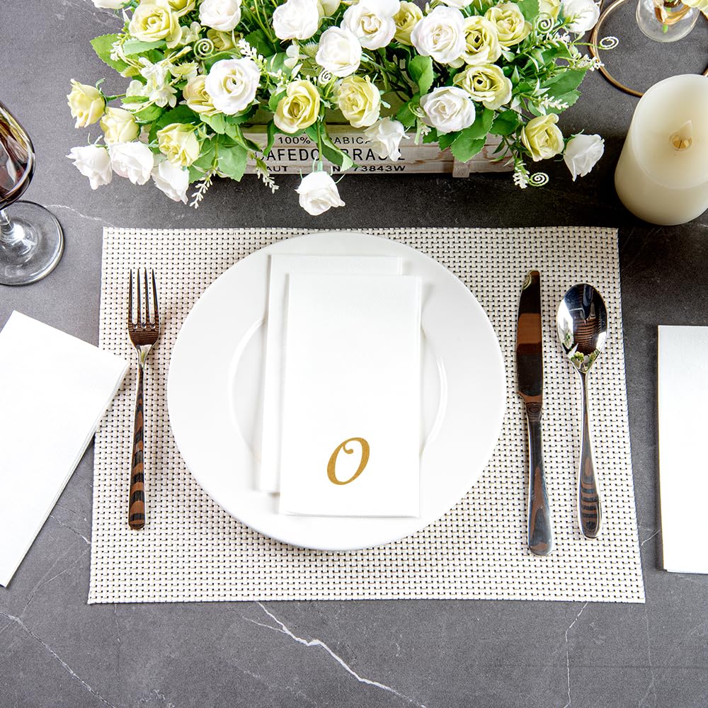 Luxenap 15.8 X 7.9 Inch Linen-Feel Guest Towels, 2000 Lettered Hand Towels - Gold Letter 'O', Cursive Font, White Paper Dinner N