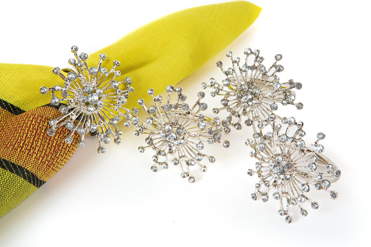 Manor Luxe Snowflake Holiday Elegant Jeweled Metal Napkin Rings, Set Of 4, Silver
