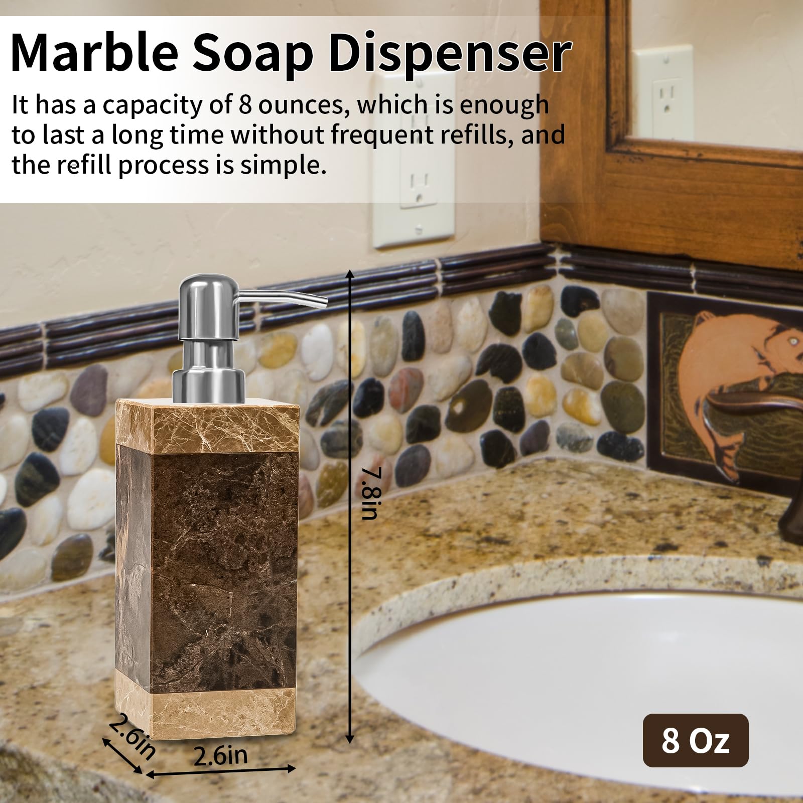 Amaauto Marble Soap Dispenser, Lotion&Hand Soap Dispenser With Stainless Steel Pump For Bathroom Kitchen Countertop, 8 Ounces So