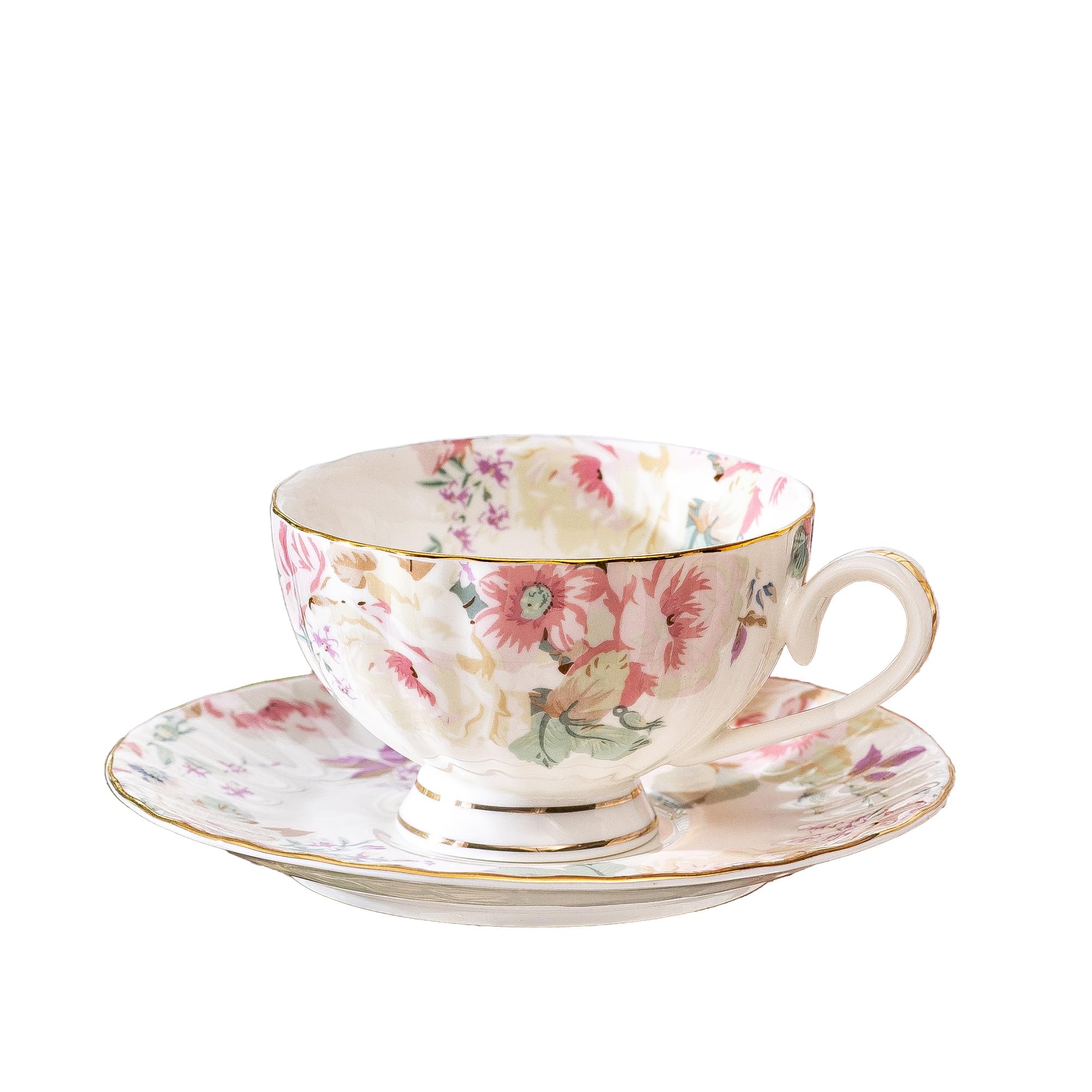 fanquare 8 Ounce Pink Floral Porcelain Tea Cup and Saucer Set with Spoon