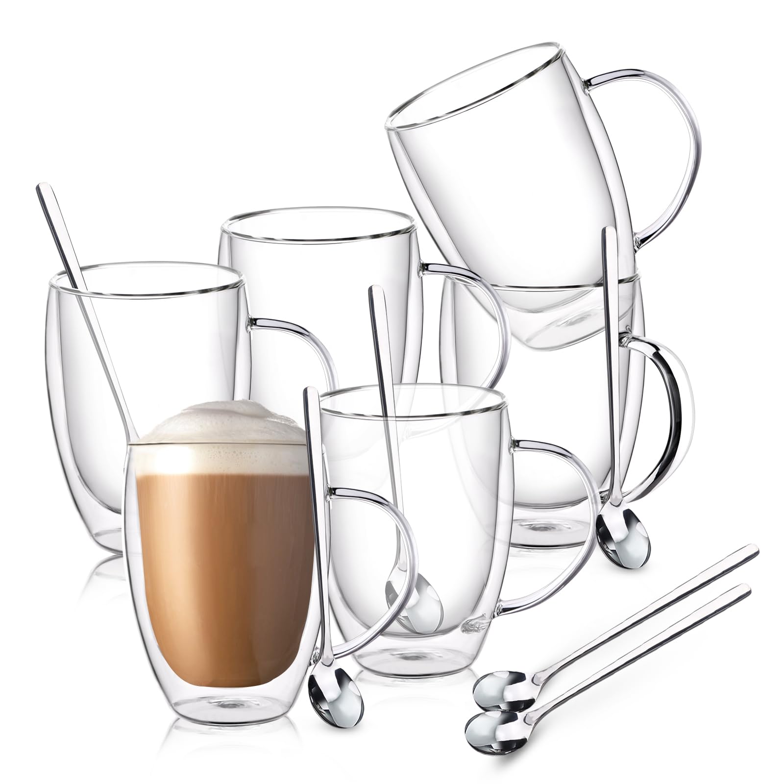 FULGNU Double Wall Glass Coffee Mugs, 12 Oz Clear Coffee Mugs with Handle, Insulated Glass Coffee Mugs Set of 6, Perfect for Esp