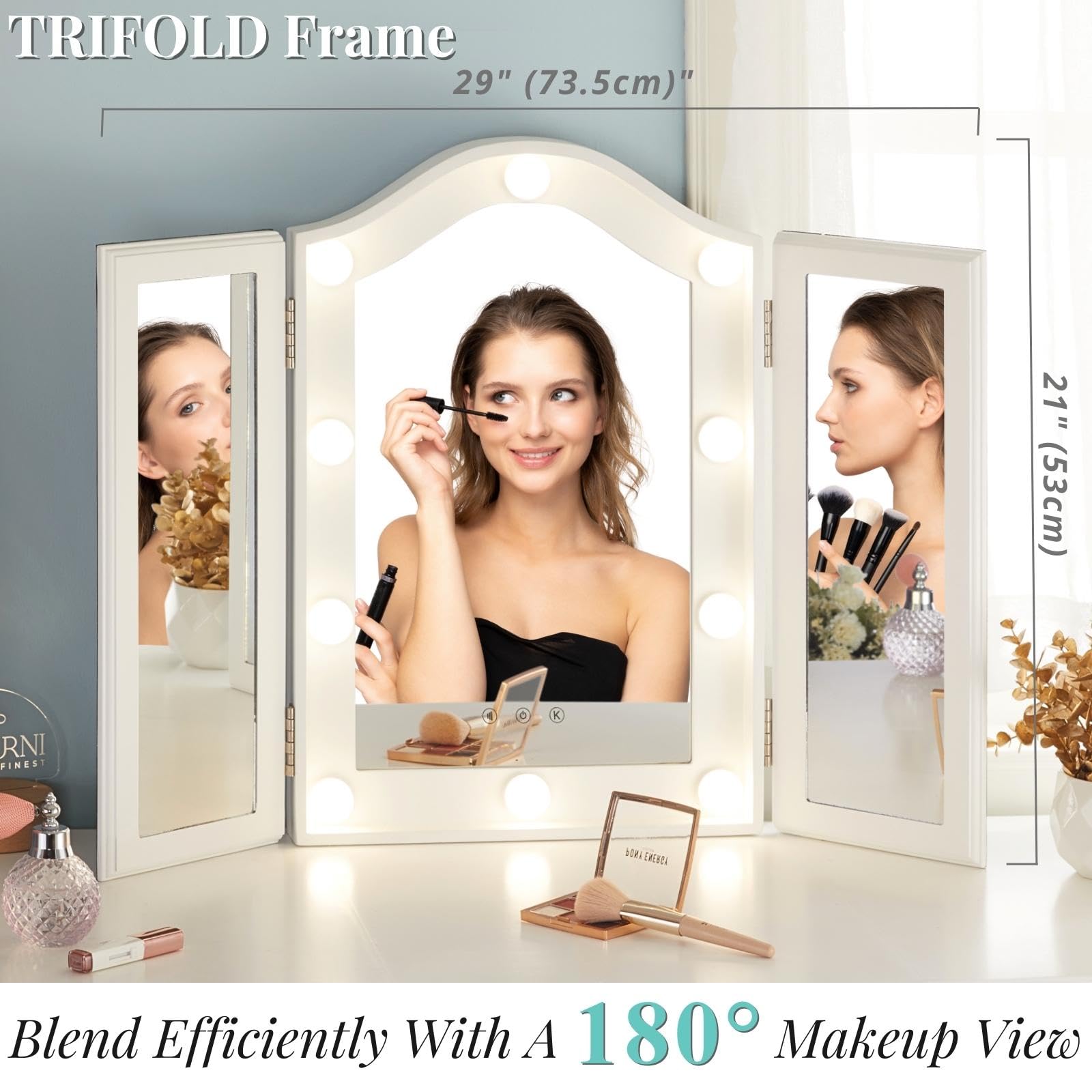 Luxfurni Vanity Lighted Tri-Fold Makeup Mirror With 10 Dimmable Led Bulbs, Touch Control Lights Tabletop Hollywood Cosmetic Mirr